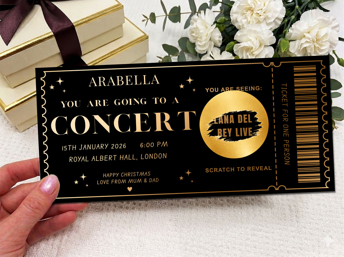 Personalised Concert Ticket Scratch Card - Gold Surprise Reveal for Music Gigs & Festivals