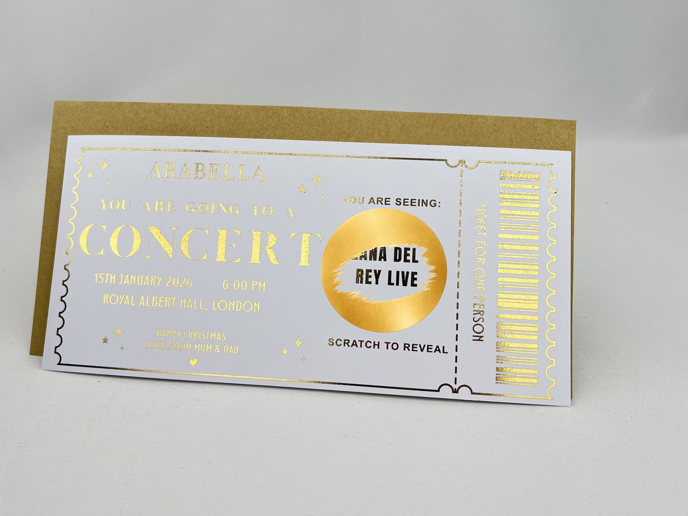 Personalised Concert Ticket Scratch Card - Gold Surprise Reveal for Music Gigs & Festivals