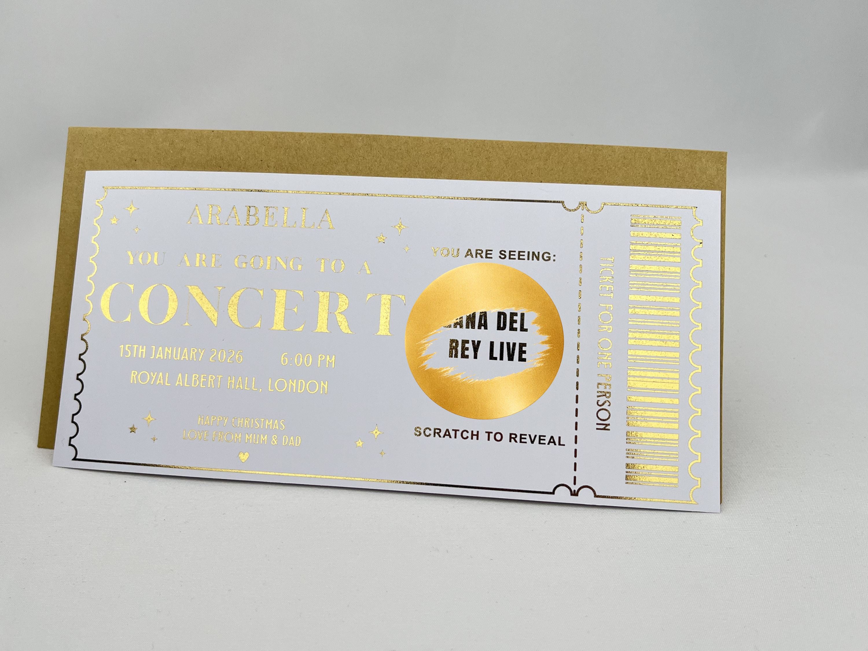 Personalised Concert Ticket Scratch Card - Gold Surprise Reveal for Music Gigs & Festivals