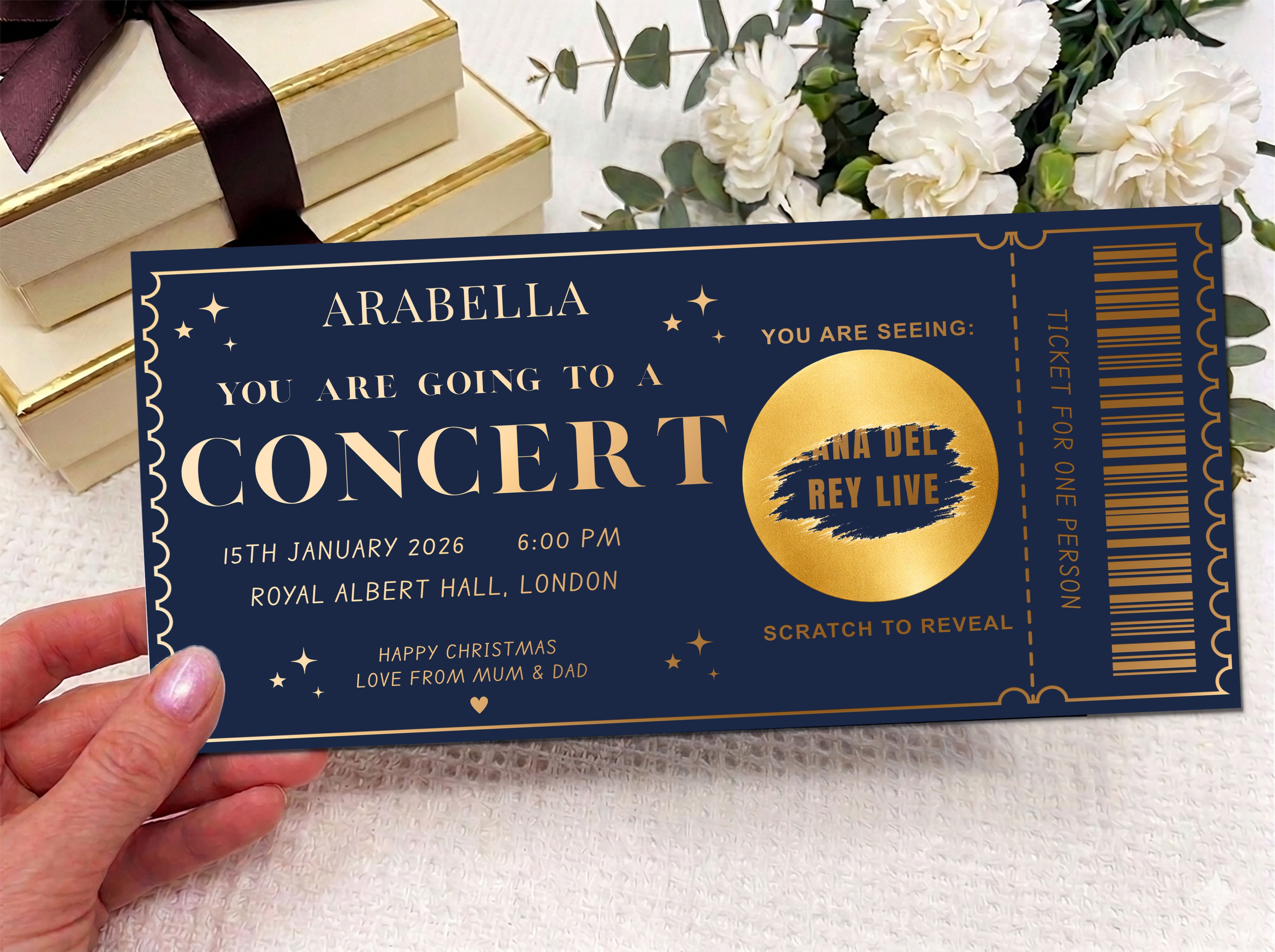 Personalised Concert Ticket Scratch Card - Gold Surprise Reveal for Music Gigs & Festivals