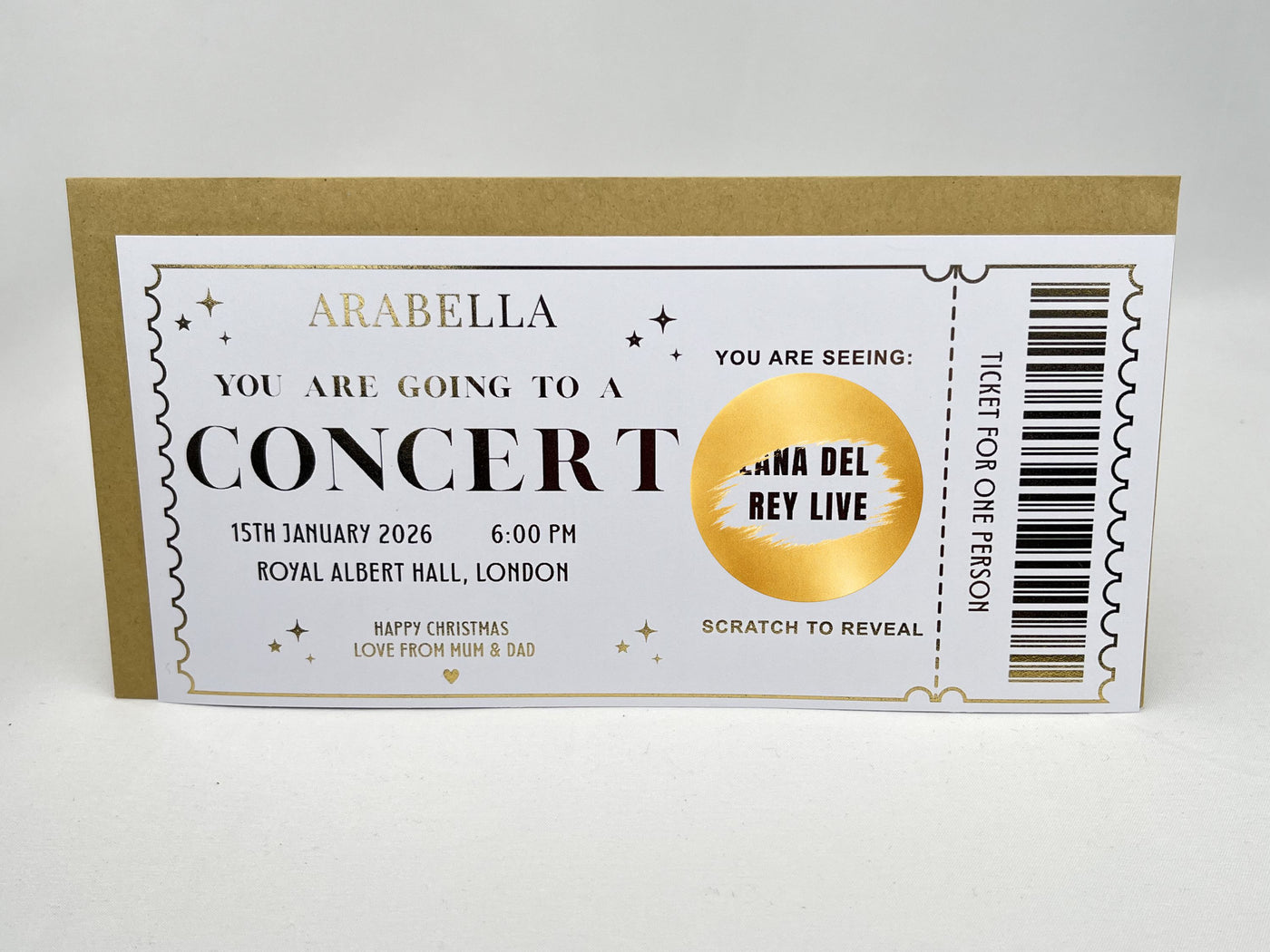Personalised Concert Ticket Scratch Card - Gold Surprise Reveal for Music Gigs & Festivals