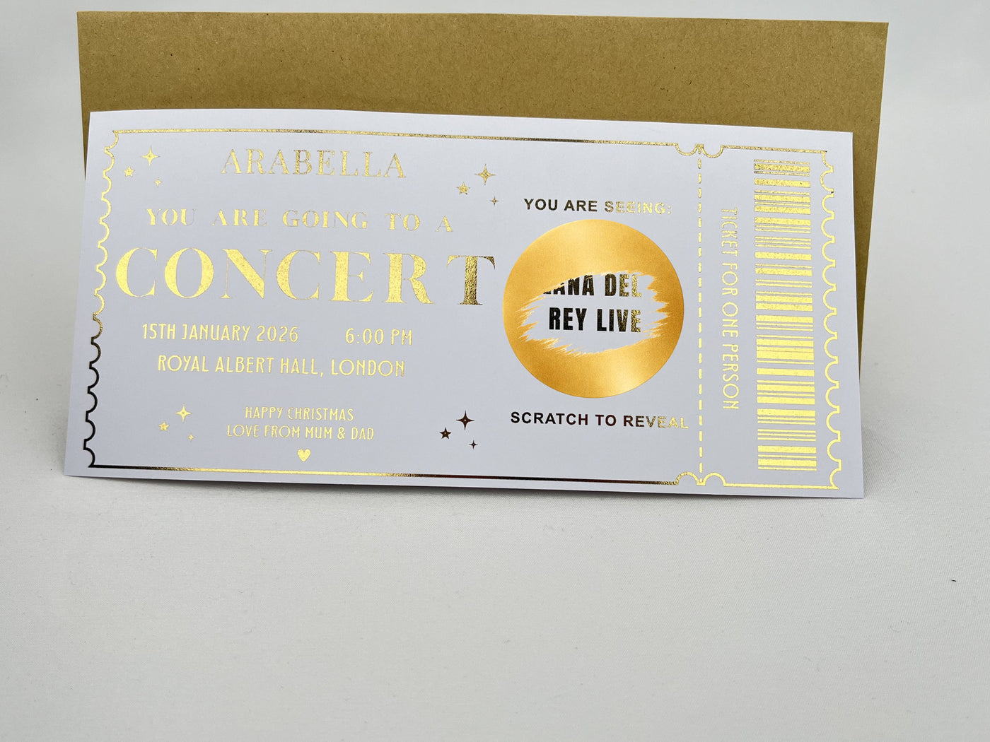 Personalised Concert Ticket Scratch Card - Gold Surprise Reveal for Music Gigs & Festivals