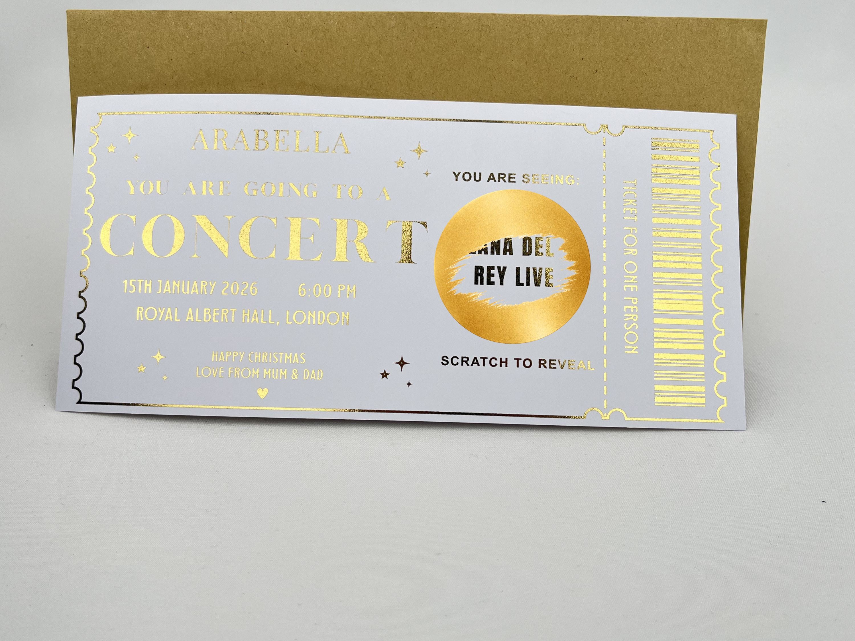 Personalised Concert Ticket Scratch Card - Gold Surprise Reveal for Music Gigs & Festivals
