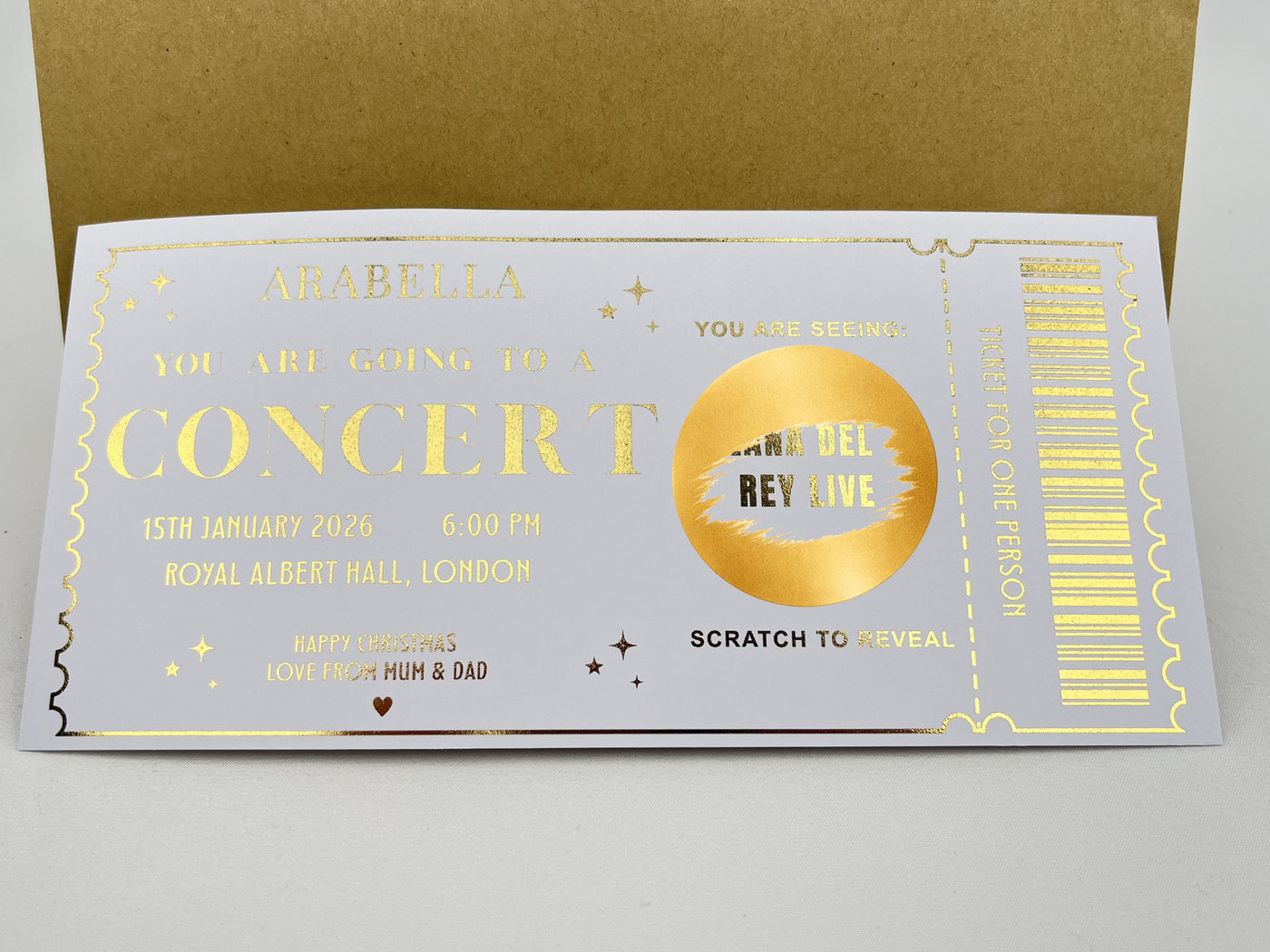 Personalised Concert Ticket Scratch Card - Gold Surprise Reveal for Music Gigs & Festivals