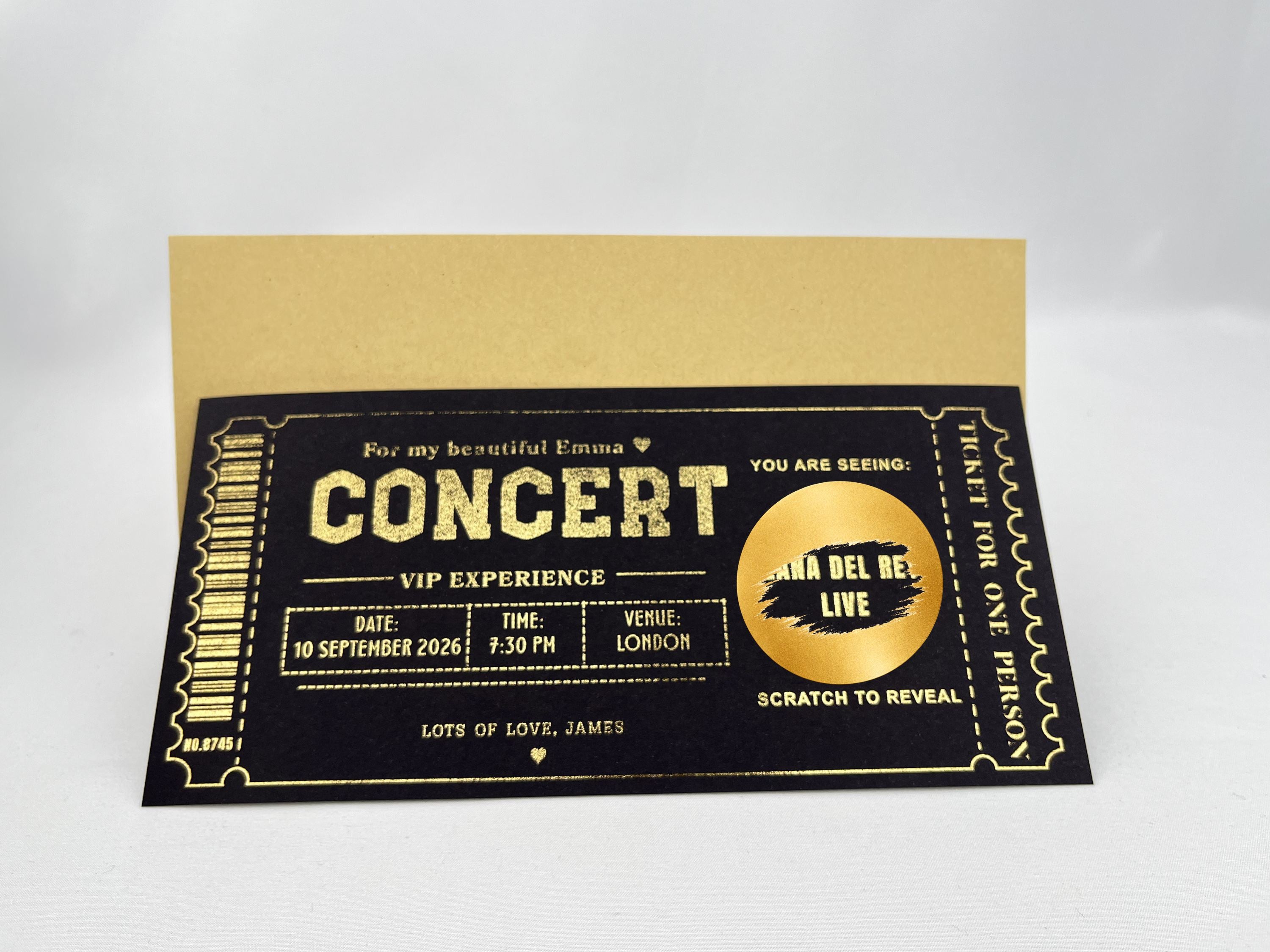 Personalised VIP Concert Ticket Scratch Card – Gold Surprise Reveal for Gigs & Shows