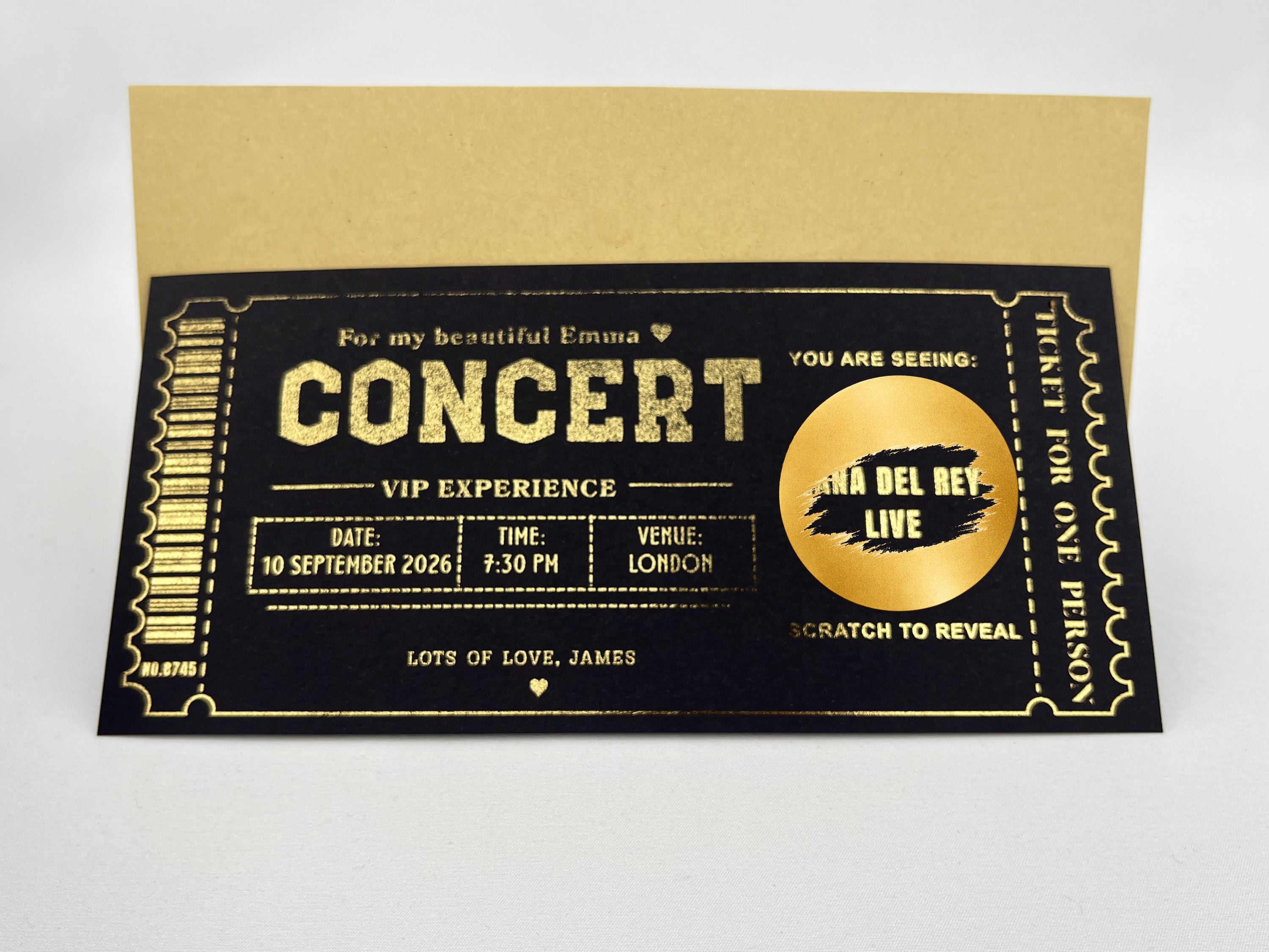 Personalised VIP Concert Ticket Scratch Card – Gold Surprise Reveal for Gigs & Shows