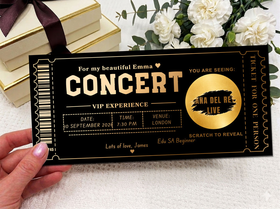 Personalised VIP Concert Ticket Scratch Card – Gold Surprise Reveal for Gigs & Shows