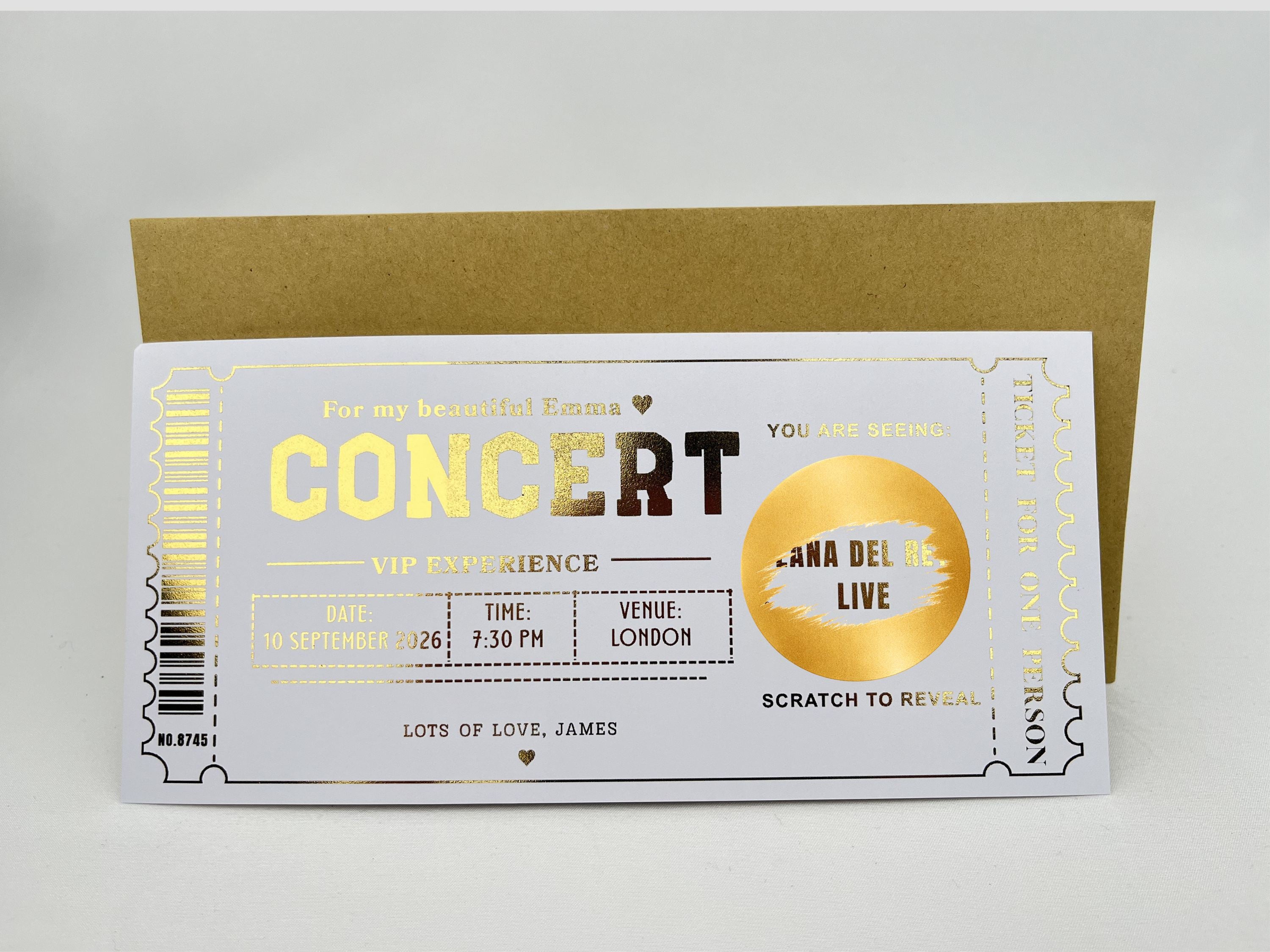 Personalised VIP Concert Ticket Scratch Card – Gold Surprise Reveal for Gigs & Shows