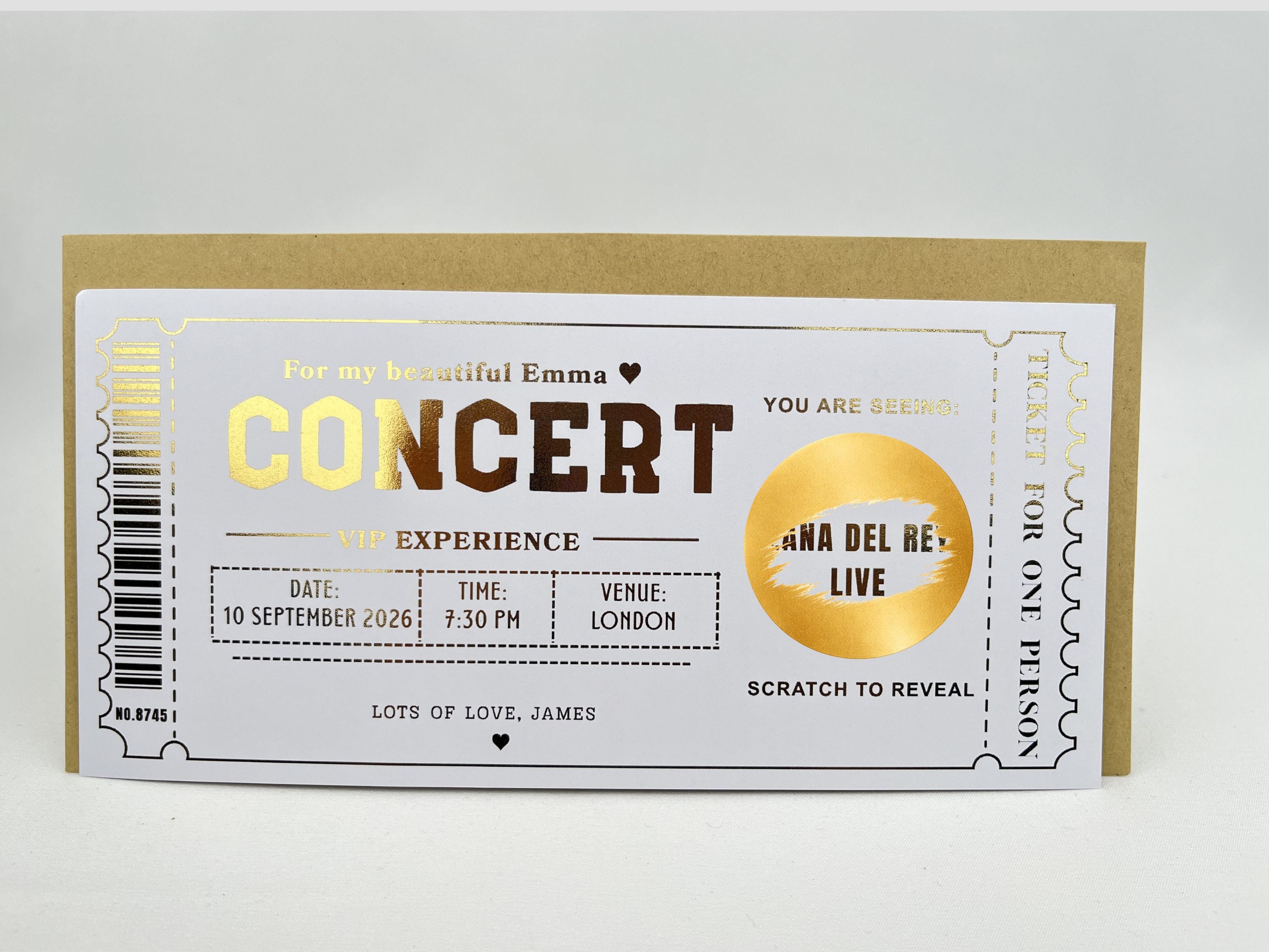 Personalised VIP Concert Ticket Scratch Card – Gold Surprise Reveal for Gigs & Shows