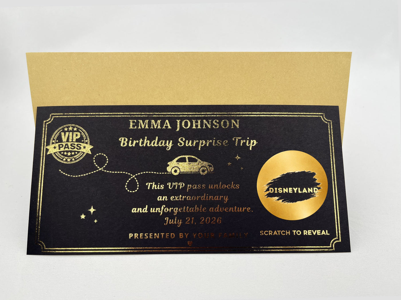 Personalised VIP Birthday Surprise Trip Scratch Card – Gold Reveal for Disneyland & Adventures