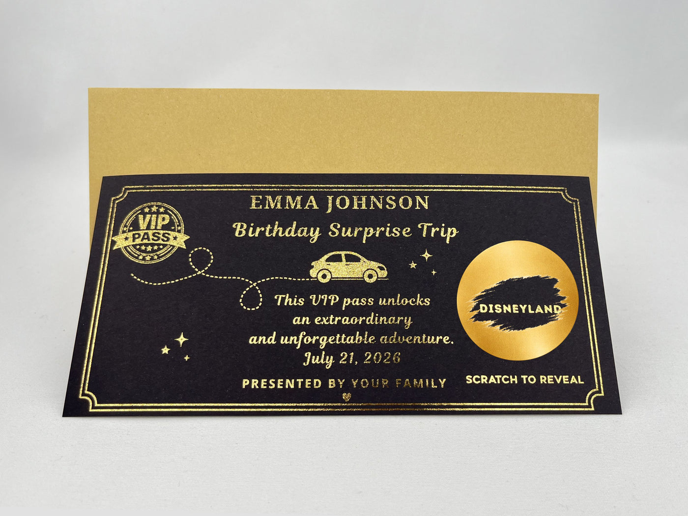 Personalised VIP Birthday Surprise Trip Scratch Card – Gold Reveal for Disneyland & Adventures
