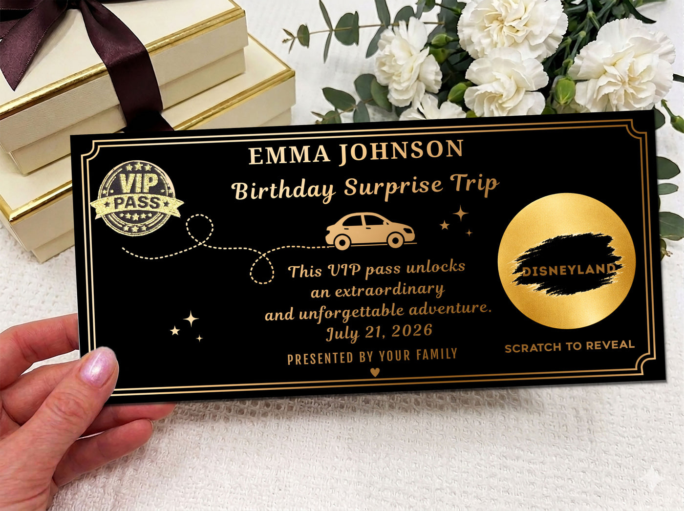 Personalised VIP Birthday Surprise Trip Scratch Card – Gold Reveal for Disneyland & Adventures