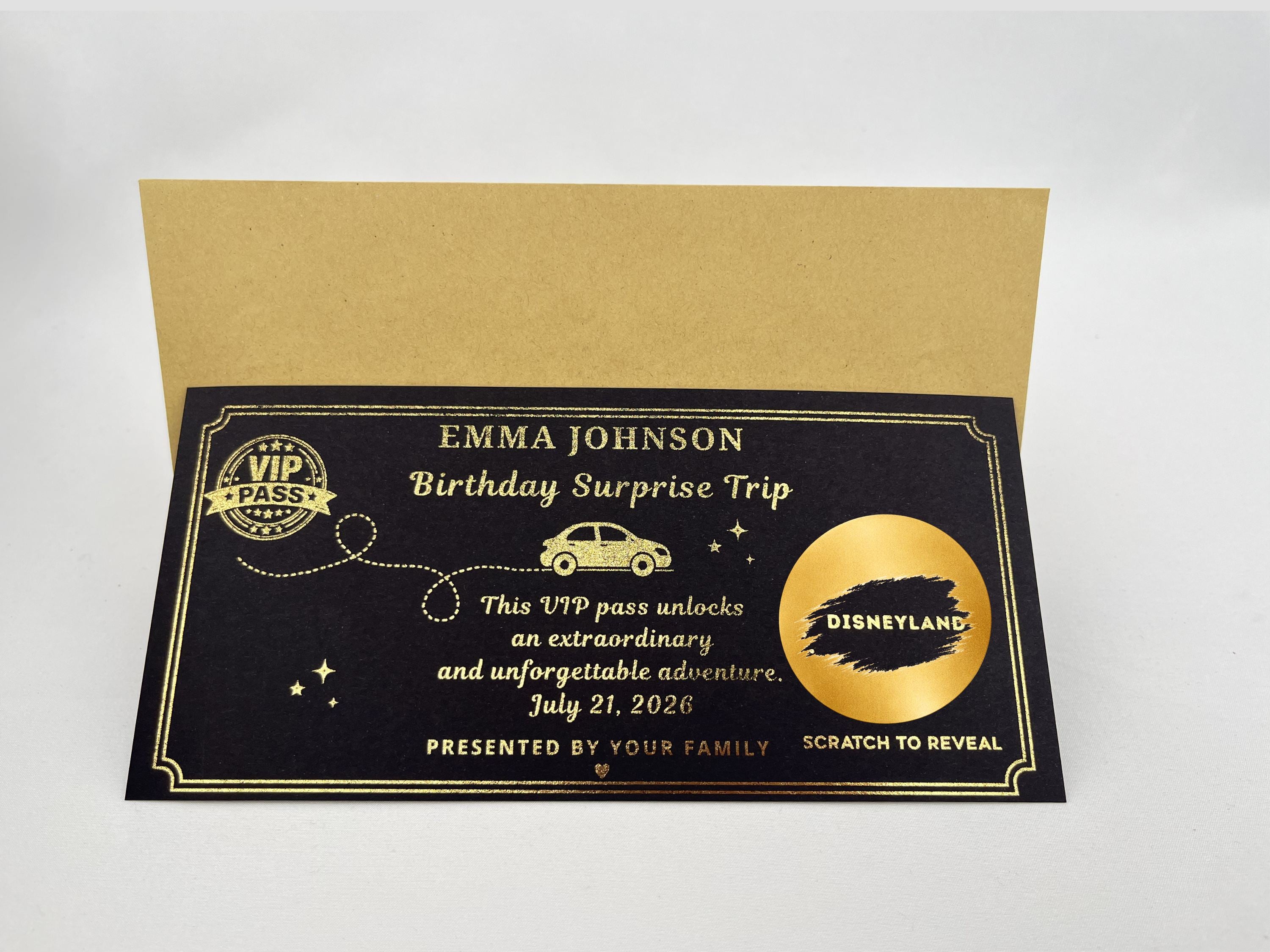 Personalised VIP Birthday Surprise Trip Scratch Card – Gold Reveal for Disneyland & Adventures