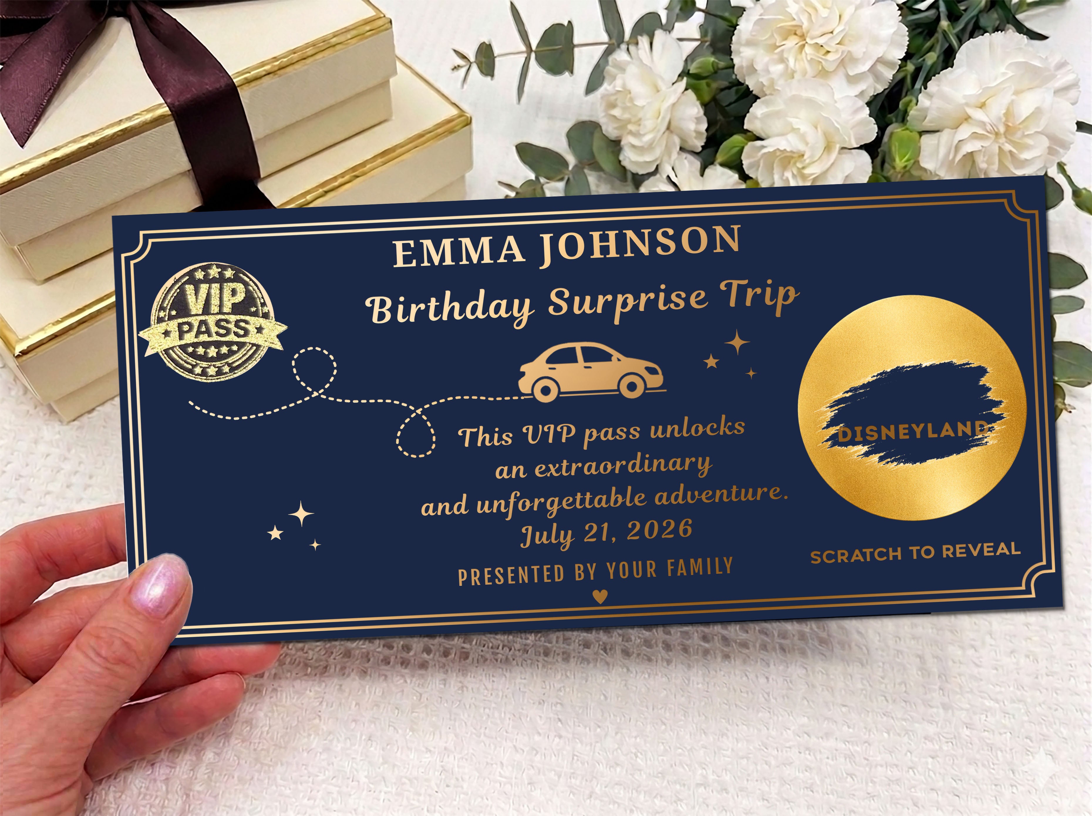 Personalised VIP Birthday Surprise Trip Scratch Card – Gold Reveal for Disneyland & Adventures