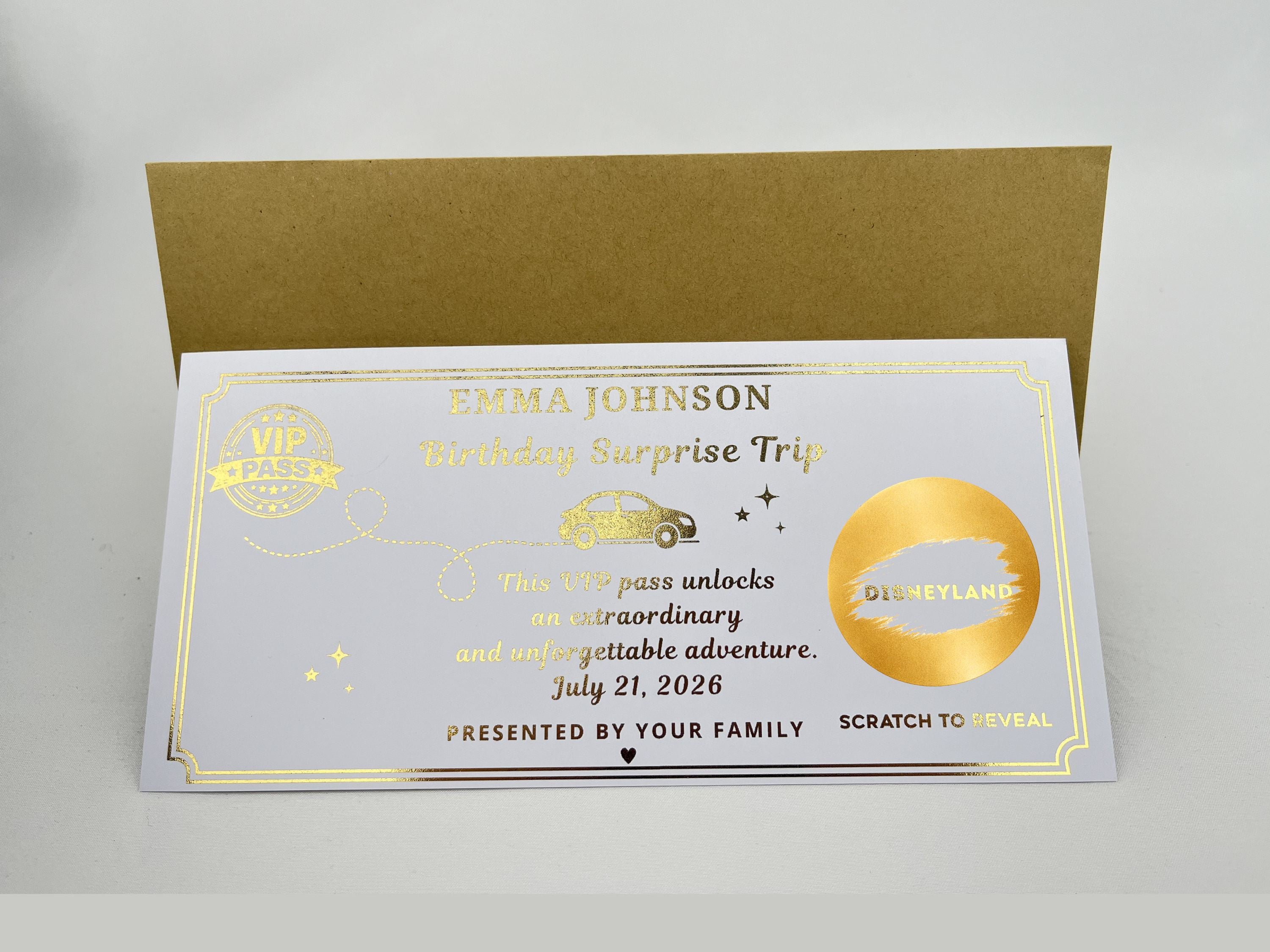 Personalised VIP Birthday Surprise Trip Scratch Card – Gold Reveal for Disneyland & Adventures