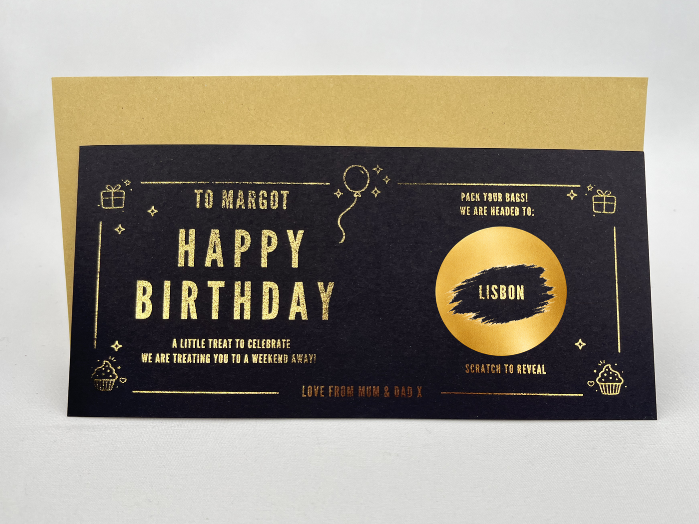 Personalised Happy Birthday Weekend Away Scratch Card – Gold Reveal for Surprise Trips