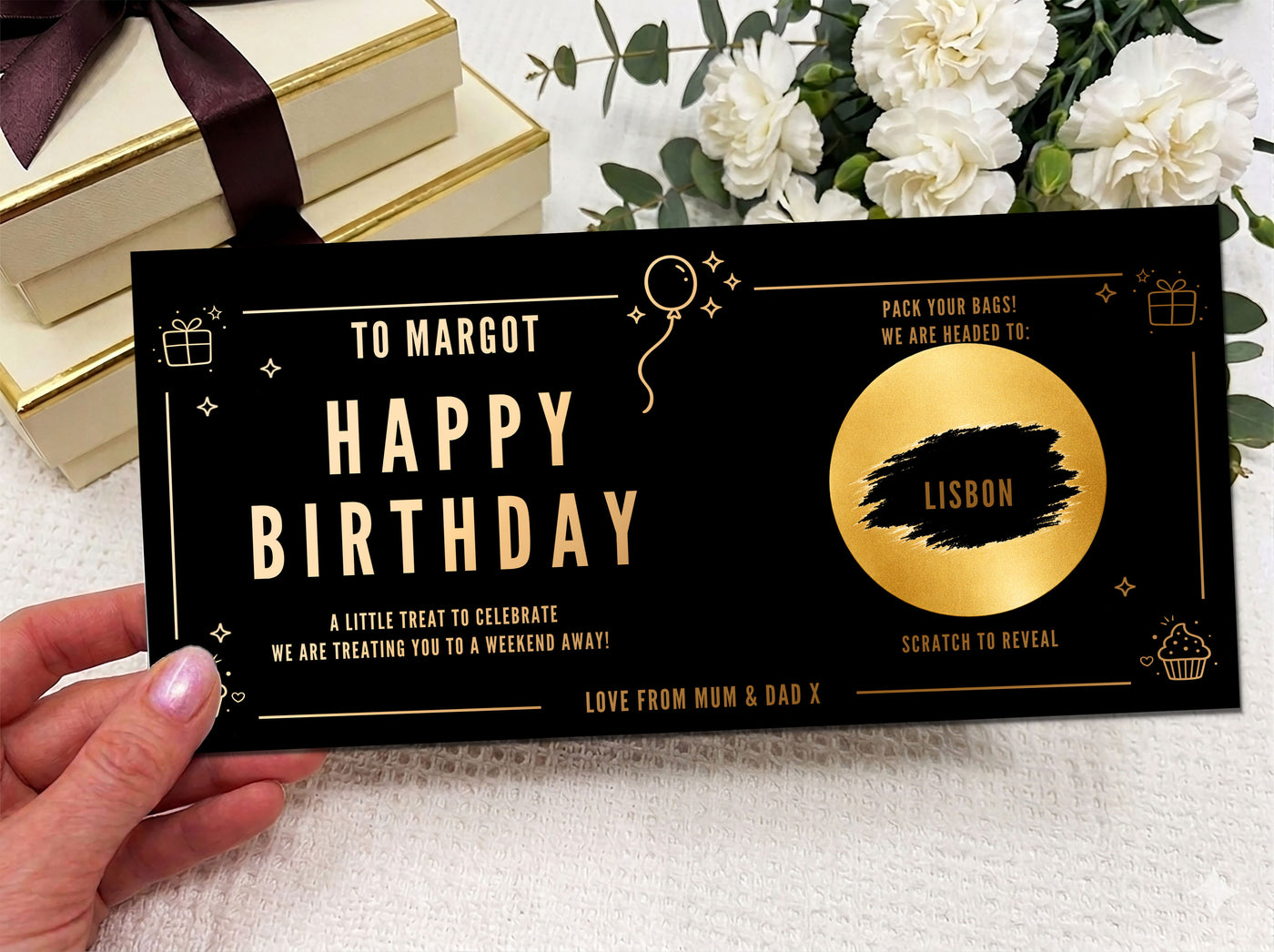 Personalised Happy Birthday Weekend Away Scratch Card – Gold Reveal for Surprise Trips