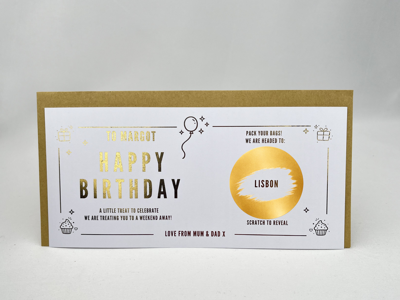 Personalised Happy Birthday Weekend Away Scratch Card – Gold Reveal for Surprise Trips