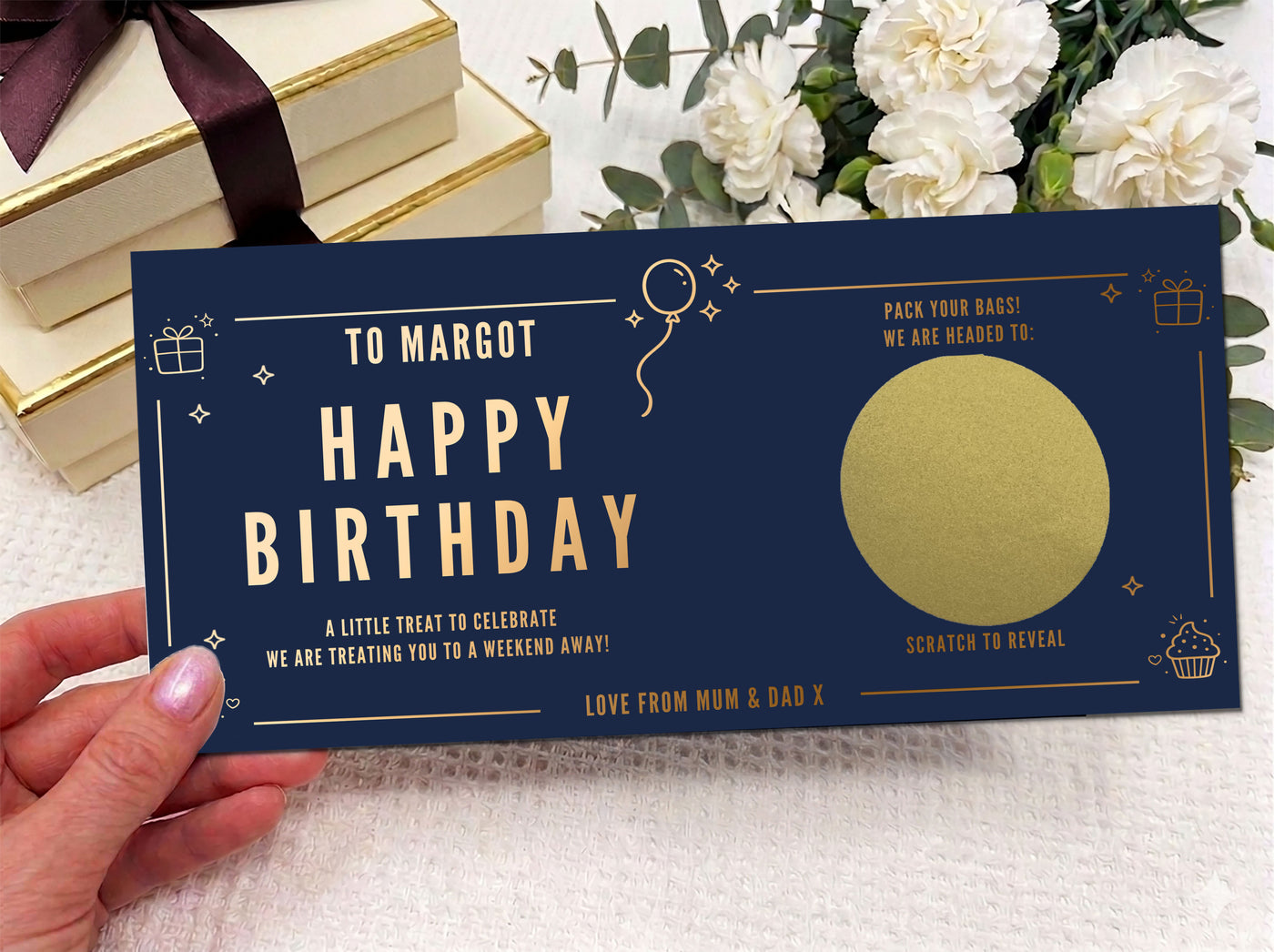 Personalised Happy Birthday Weekend Away Scratch Card – Gold Reveal for Surprise Trips