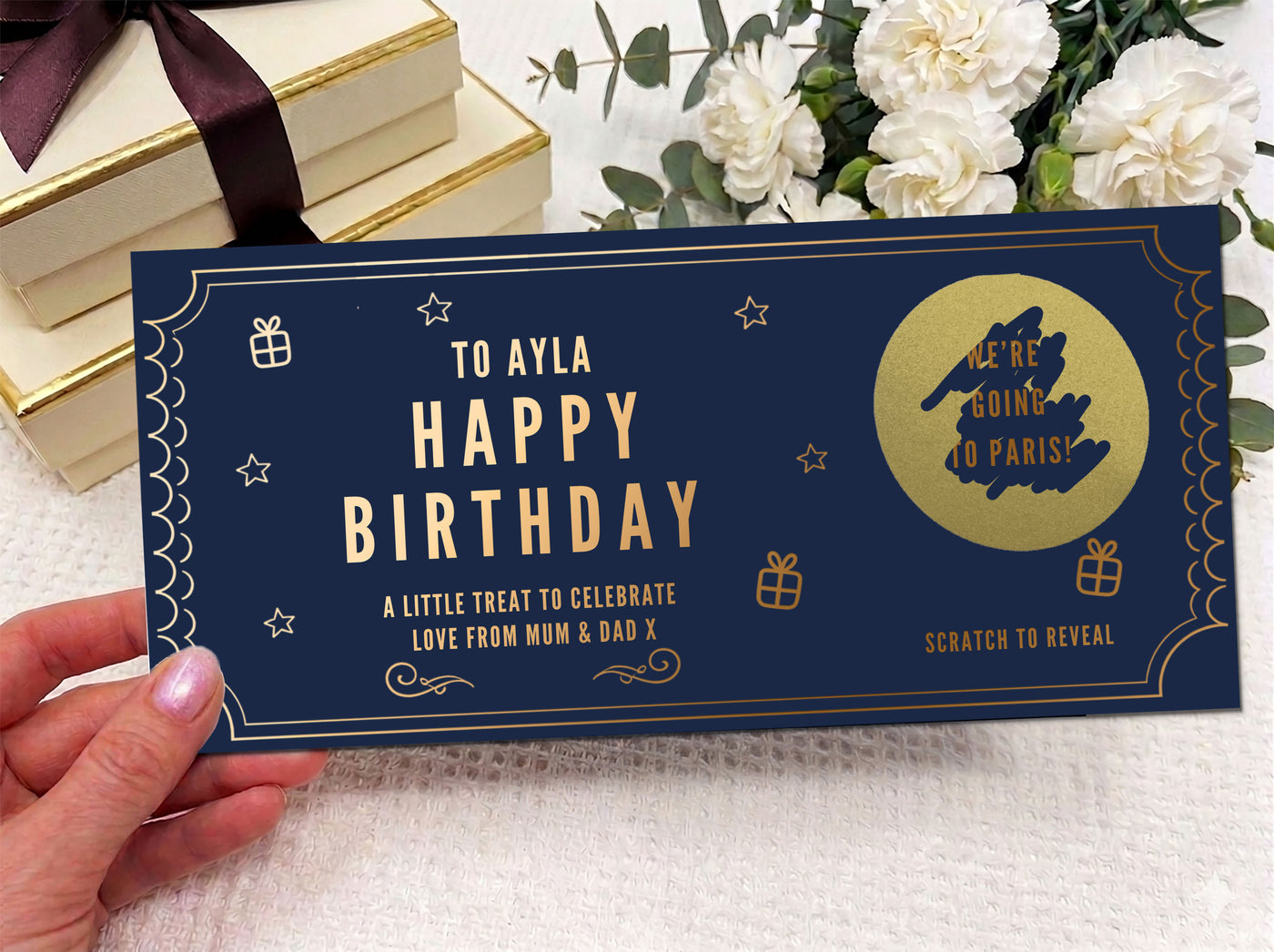Personalised Gold Scratch Card Voucher, Gift Scratch Voucher