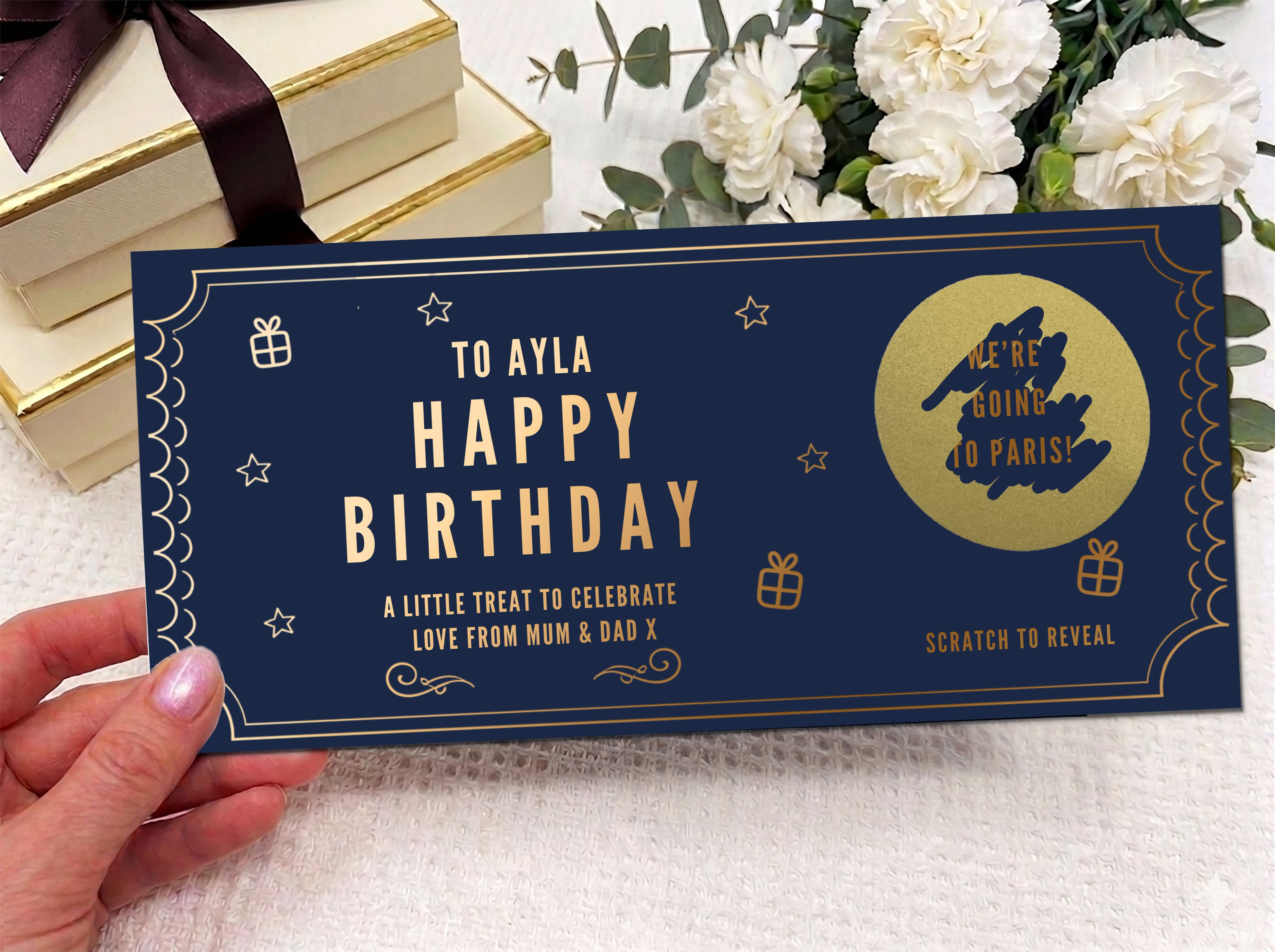 Personalised Gold Scratch Card Voucher, Gift Scratch Voucher