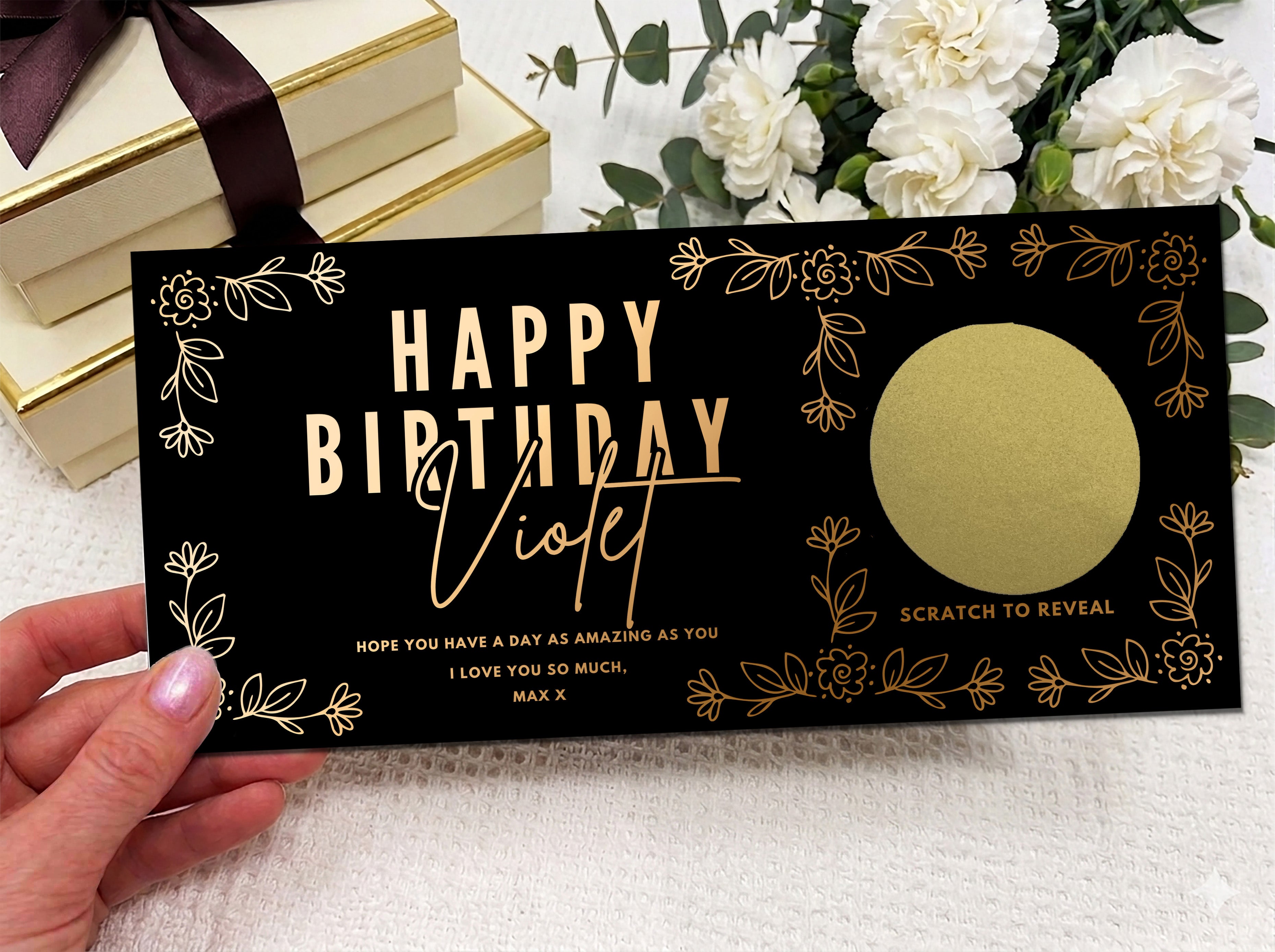 Floral Birthday Scratch Off Card, Personalised Surprise Voucher Gift