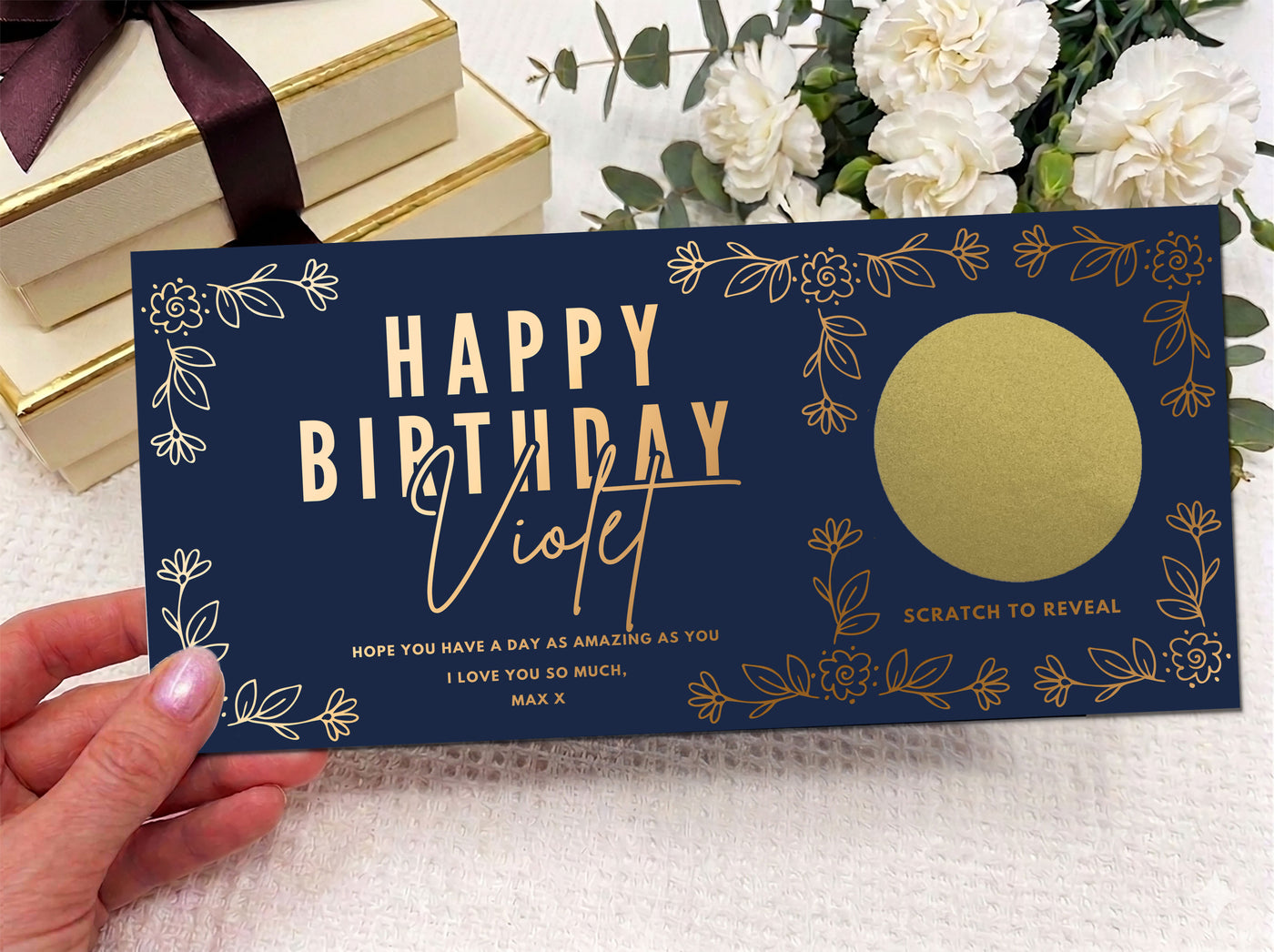 Floral Birthday Scratch Off Card, Personalised Surprise Voucher Gift