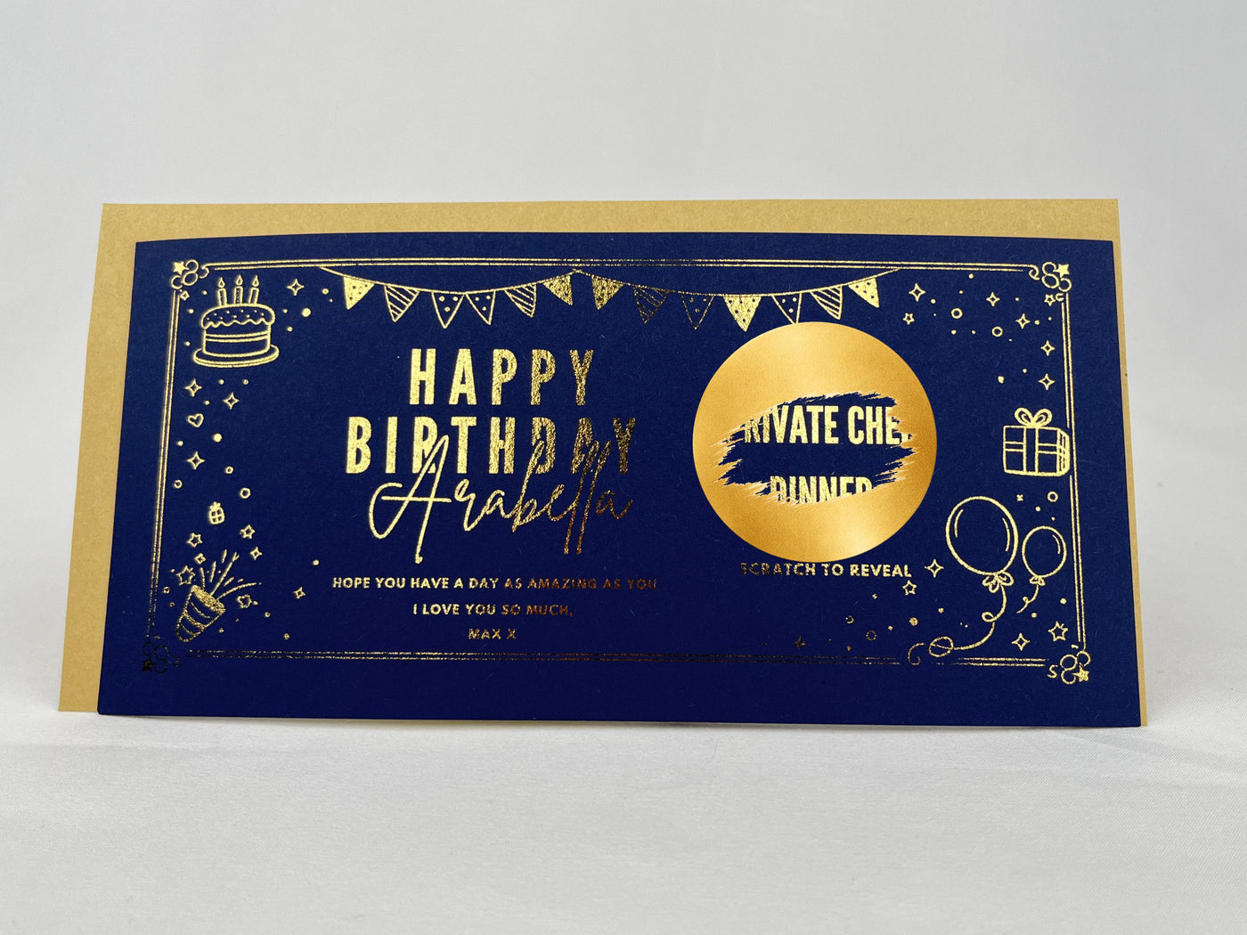 Golden Birthday Party Scratch Off Card, Personalised Surprise Voucher Gift