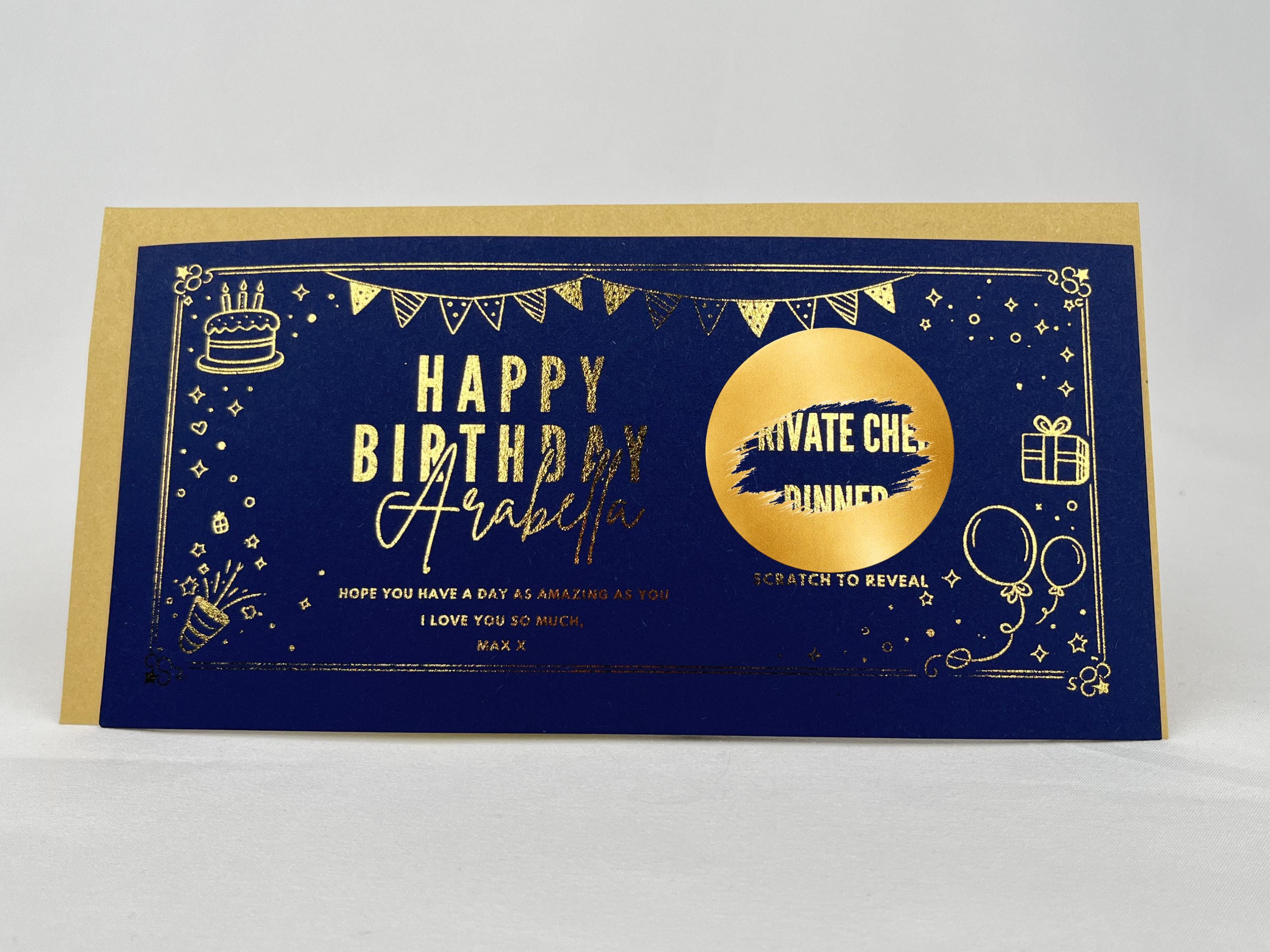 Golden Birthday Party Scratch Off Card, Personalised Surprise Voucher Gift