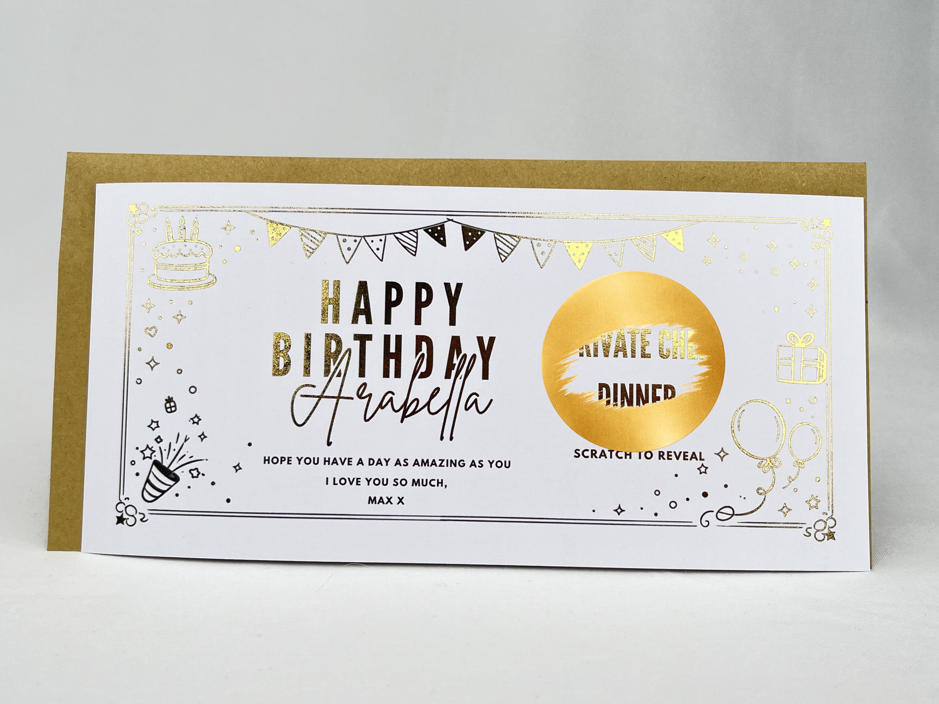 Golden Birthday Party Scratch Off Card, Personalised Surprise Voucher Gift
