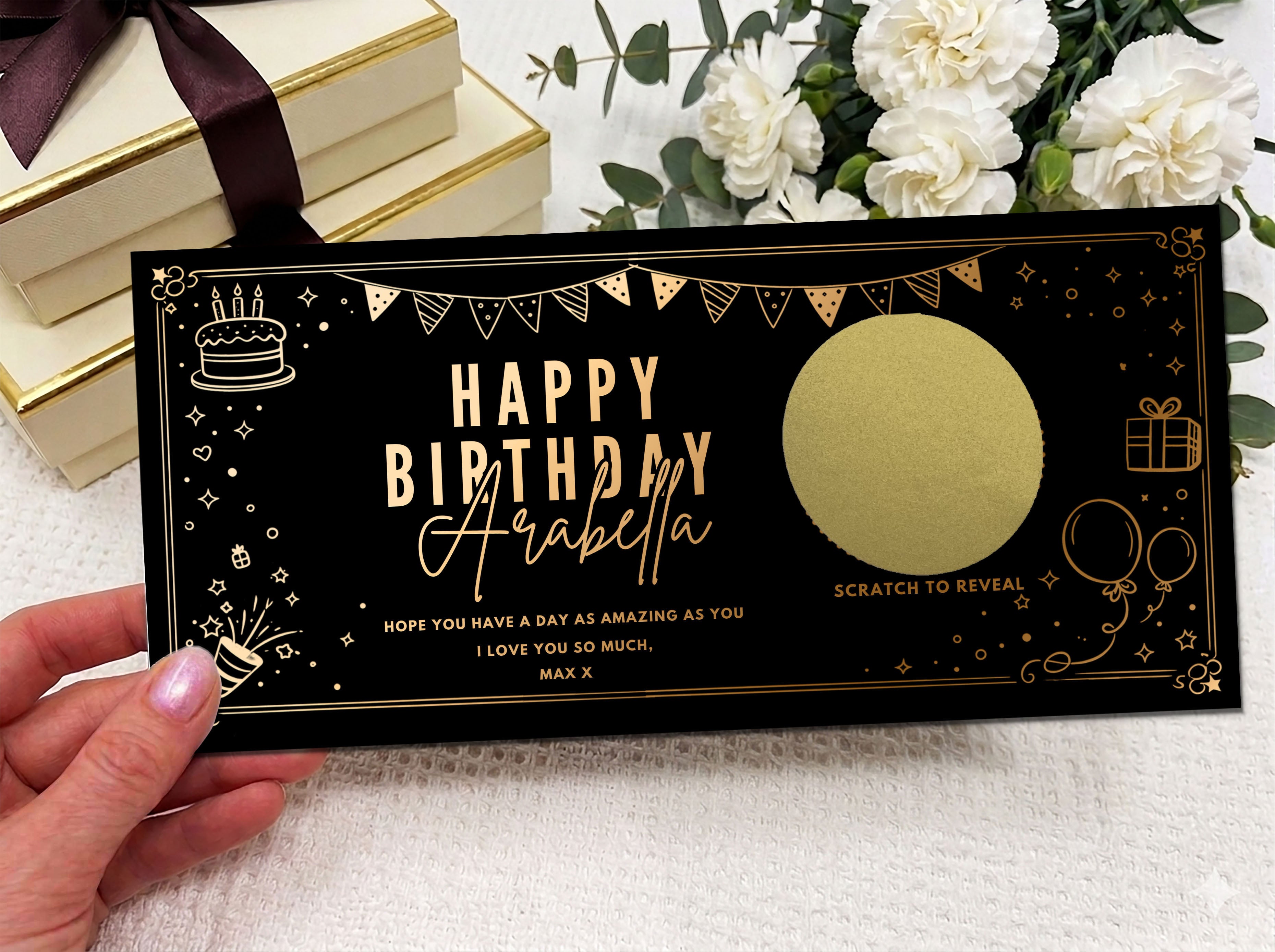 Golden Birthday Party Scratch Off Card, Personalised Surprise Voucher Gift