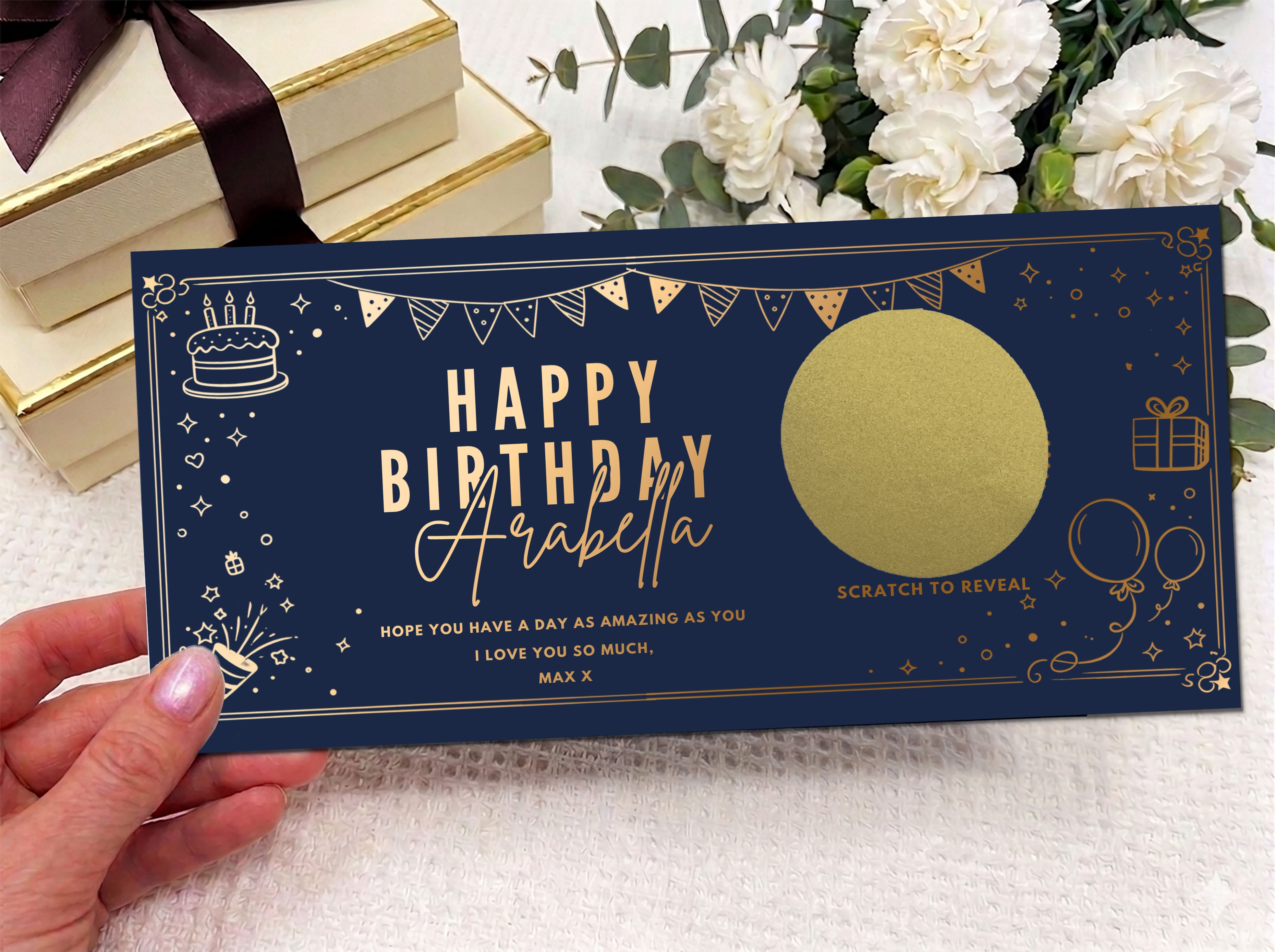 Golden Birthday Party Scratch Off Card, Personalised Surprise Voucher Gift