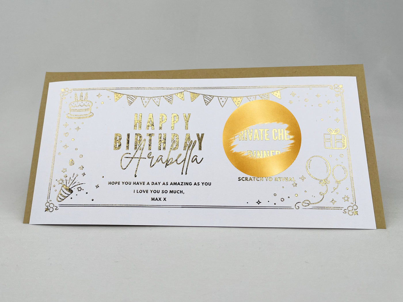 Golden Birthday Party Scratch Off Card, Personalised Surprise Voucher Gift