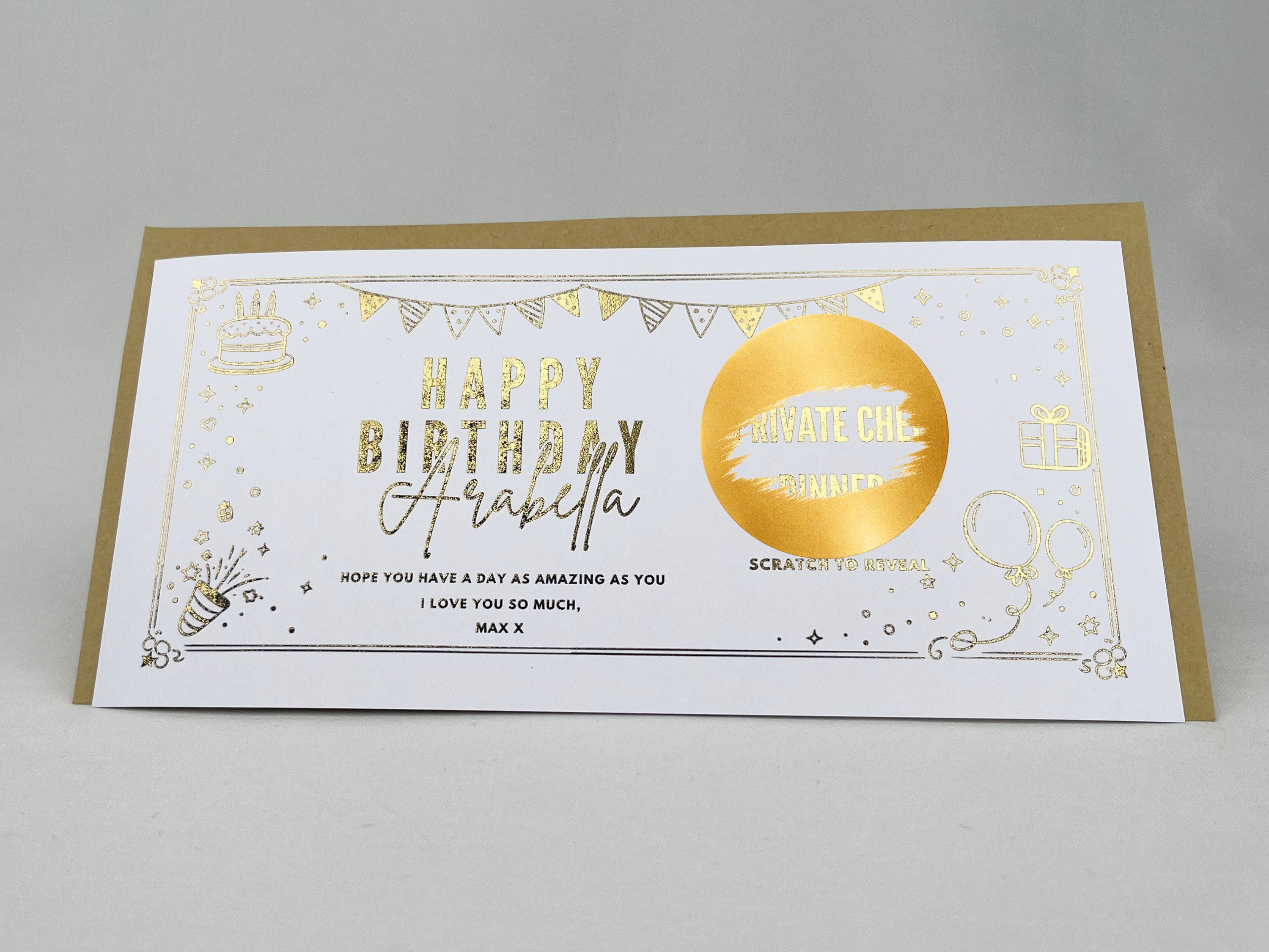 Golden Birthday Party Scratch Off Card, Personalised Surprise Voucher Gift