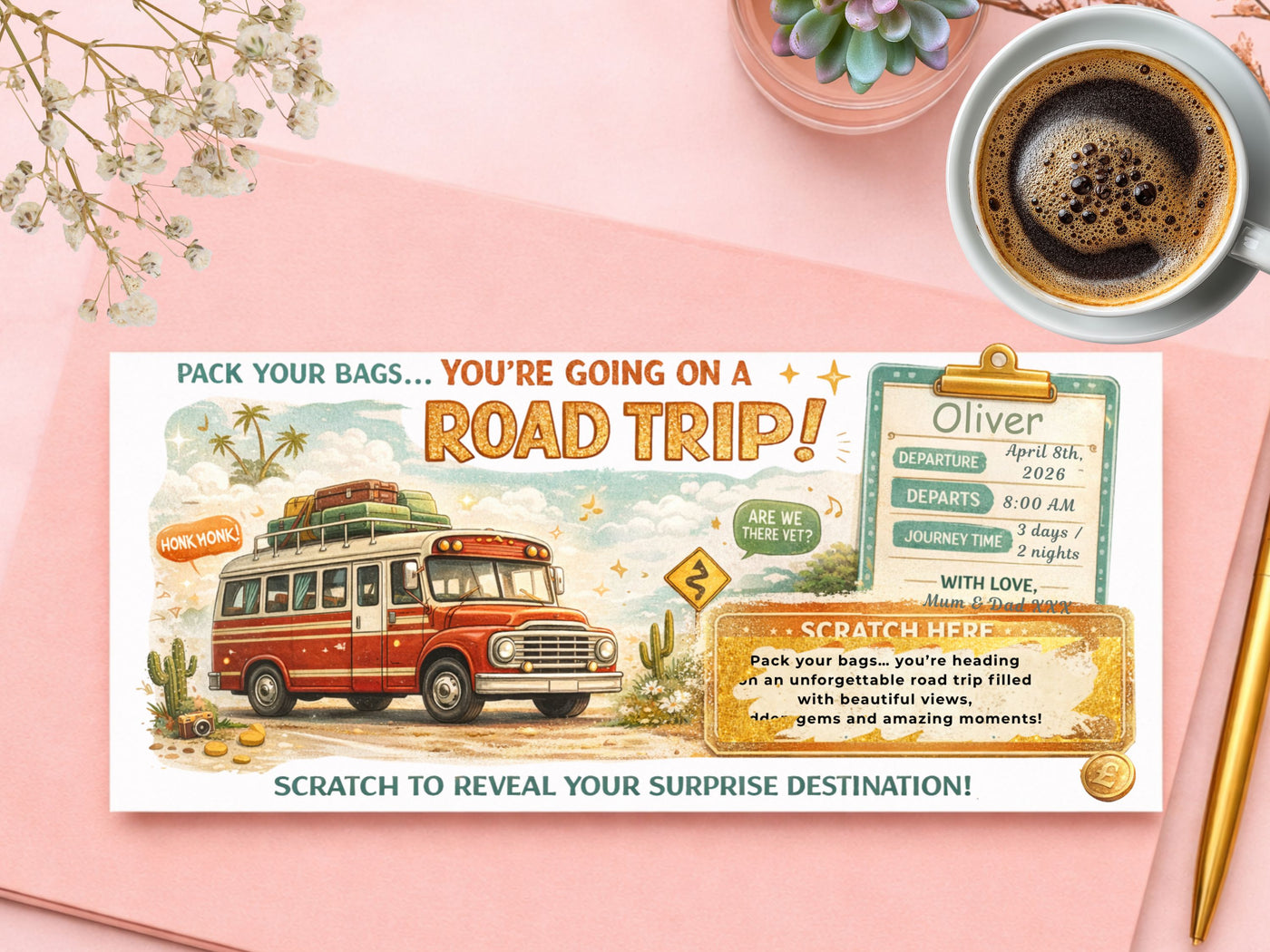 Personalised Road Trip Scratch Card, Surprise Travel Gift Voucher, Custom Holiday Reveal Ticket, Printed Scratch Off Card UK