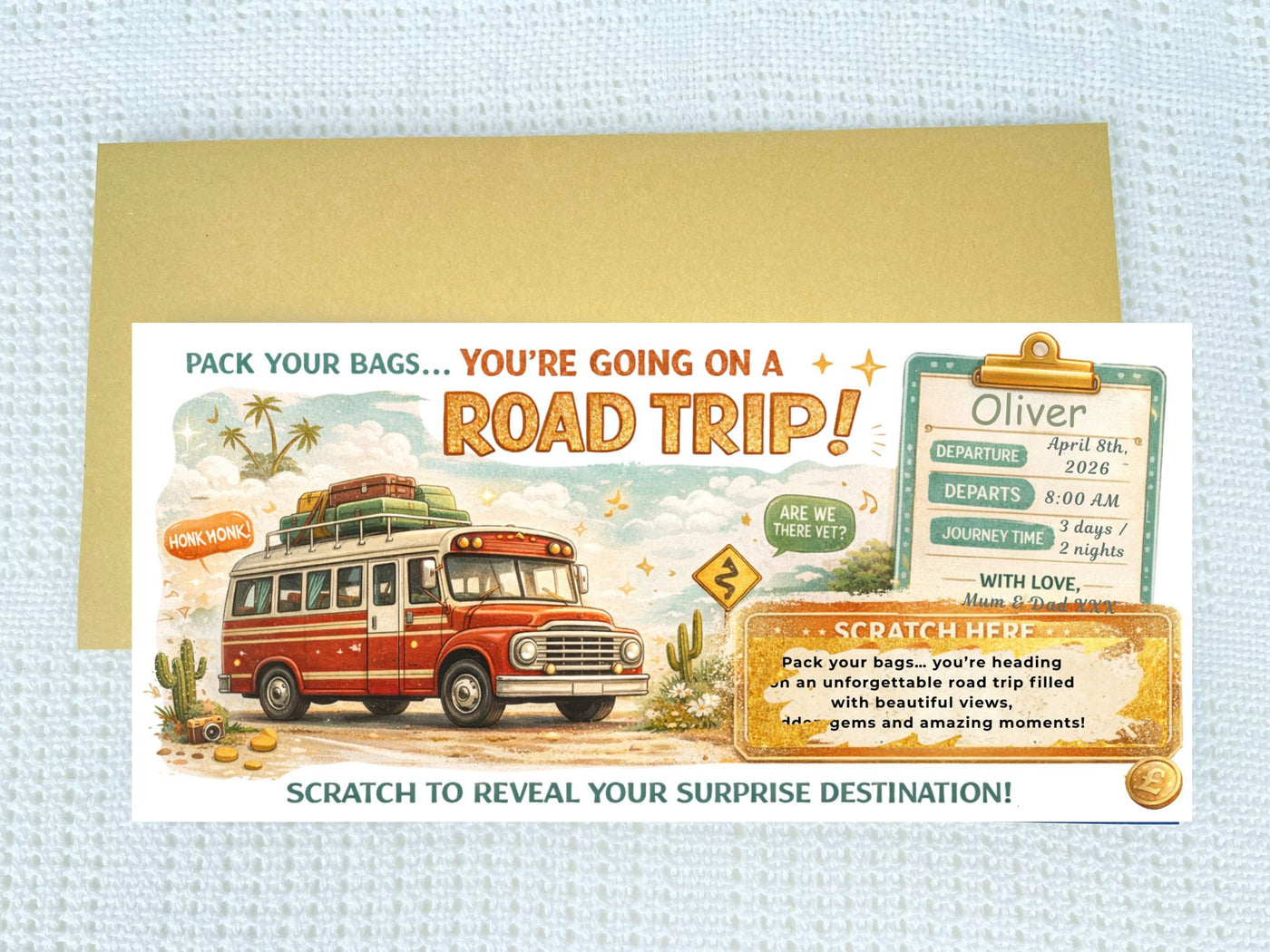 Personalised Road Trip Scratch Card, Surprise Travel Gift Voucher, Custom Holiday Reveal Ticket, Printed Scratch Off Card UK