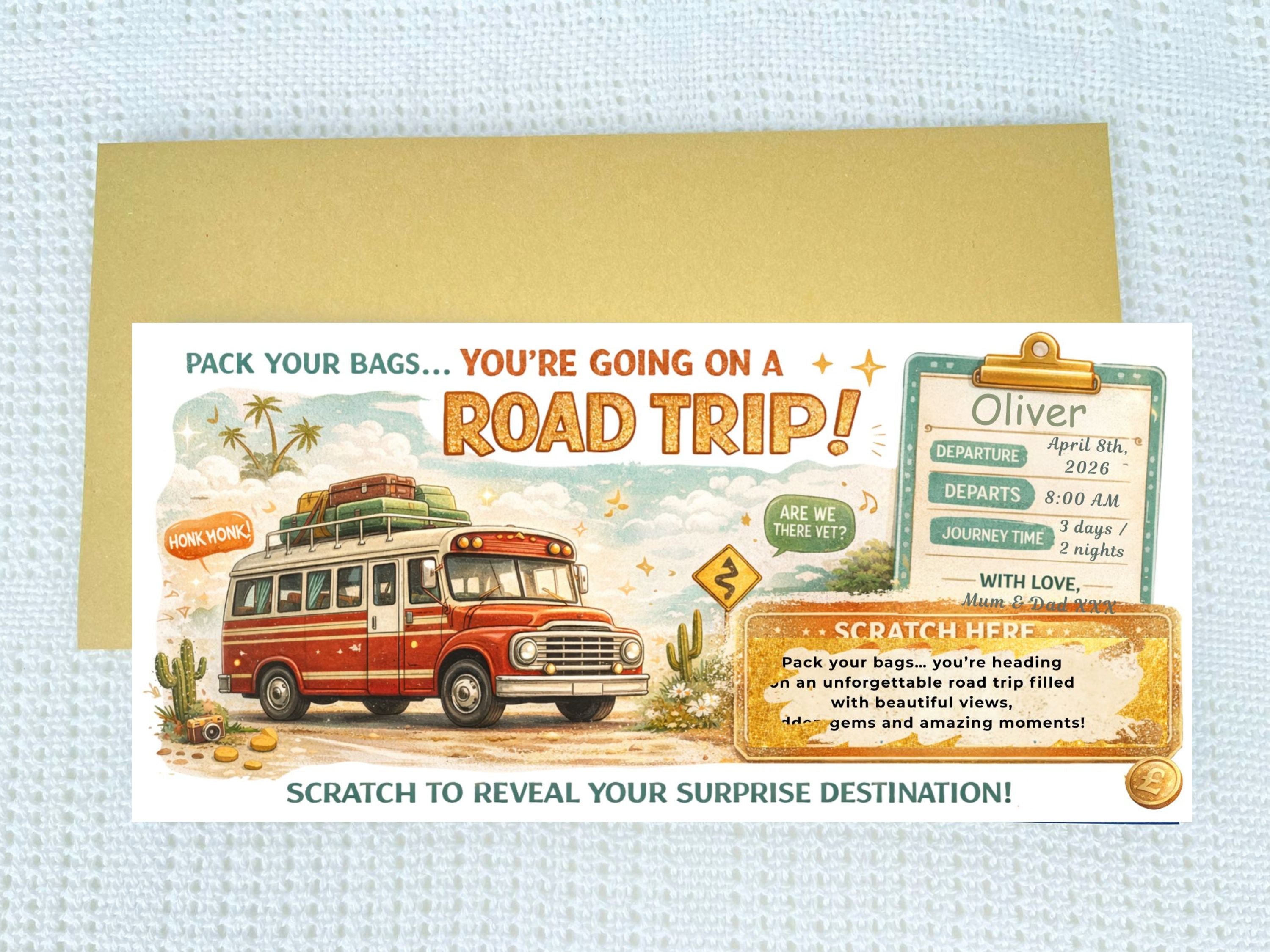 Personalised Road Trip Scratch Card, Surprise Travel Gift Voucher, Custom Holiday Reveal Ticket, Printed Scratch Off Card UK