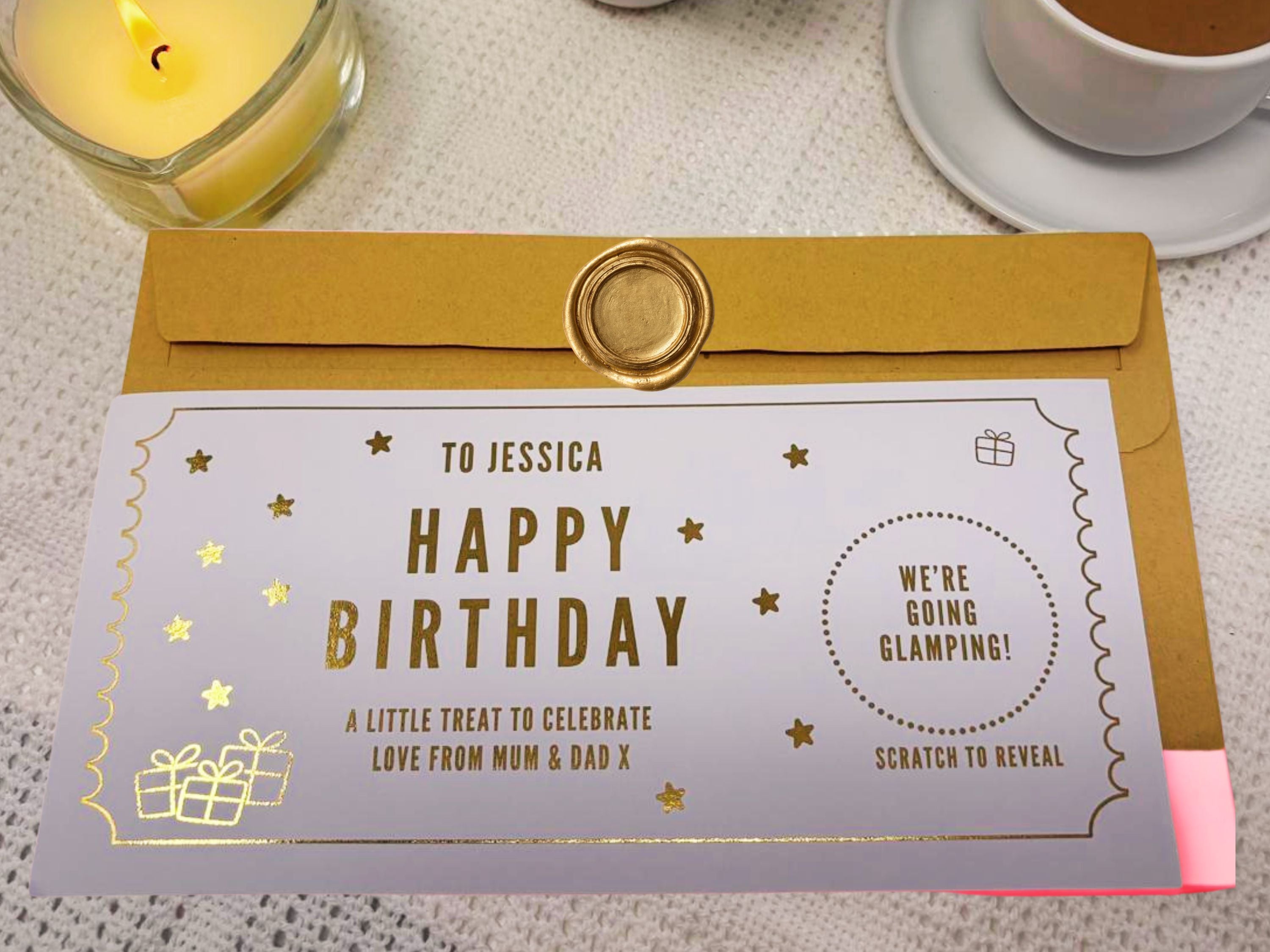 Golden Birthday Scratch Card Voucher, Personalised Surprise Gift Ticket