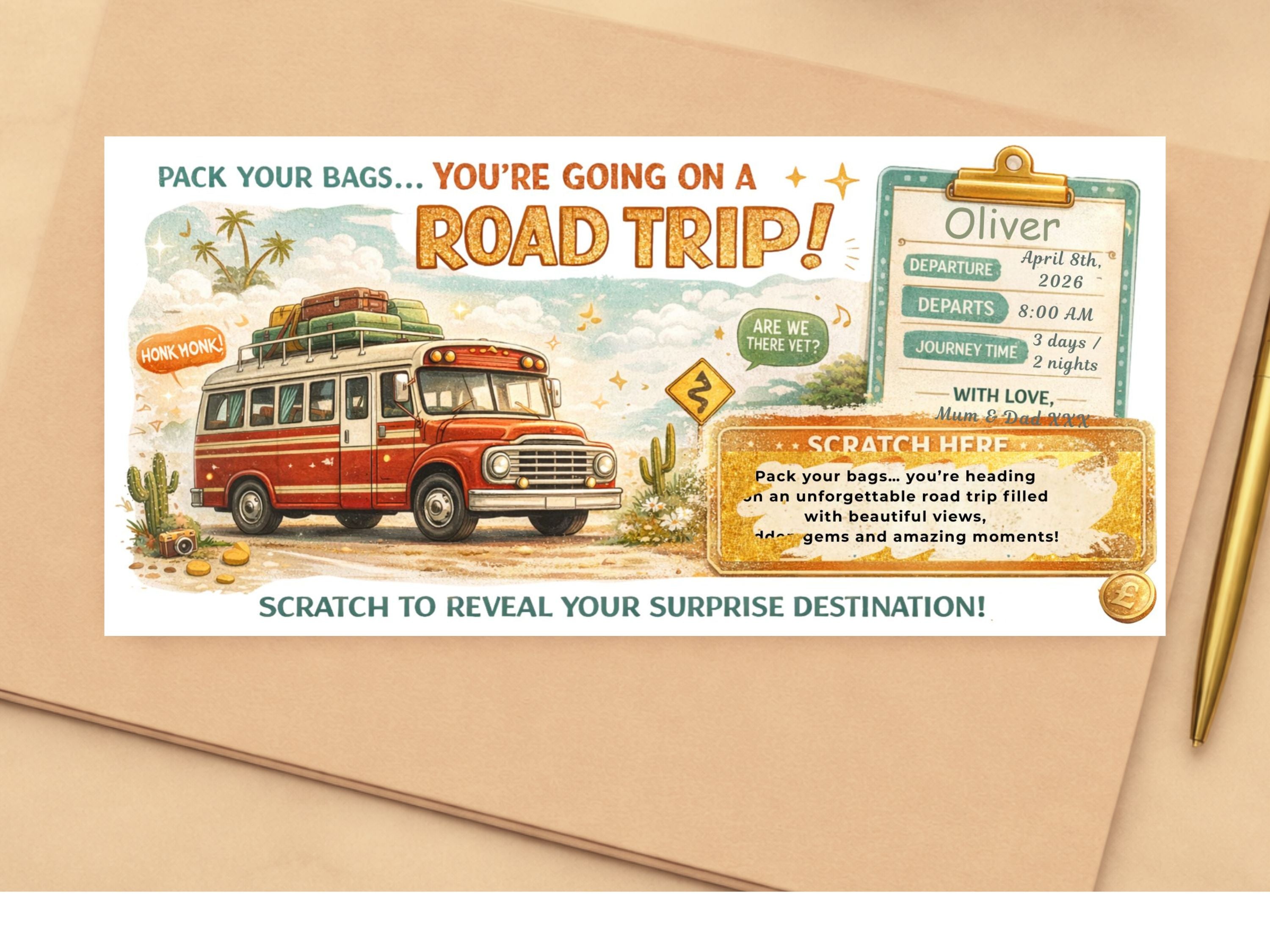 Personalised Road Trip Scratch Card, Surprise Travel Gift Voucher, Custom Holiday Reveal Ticket, Printed Scratch Off Card UK