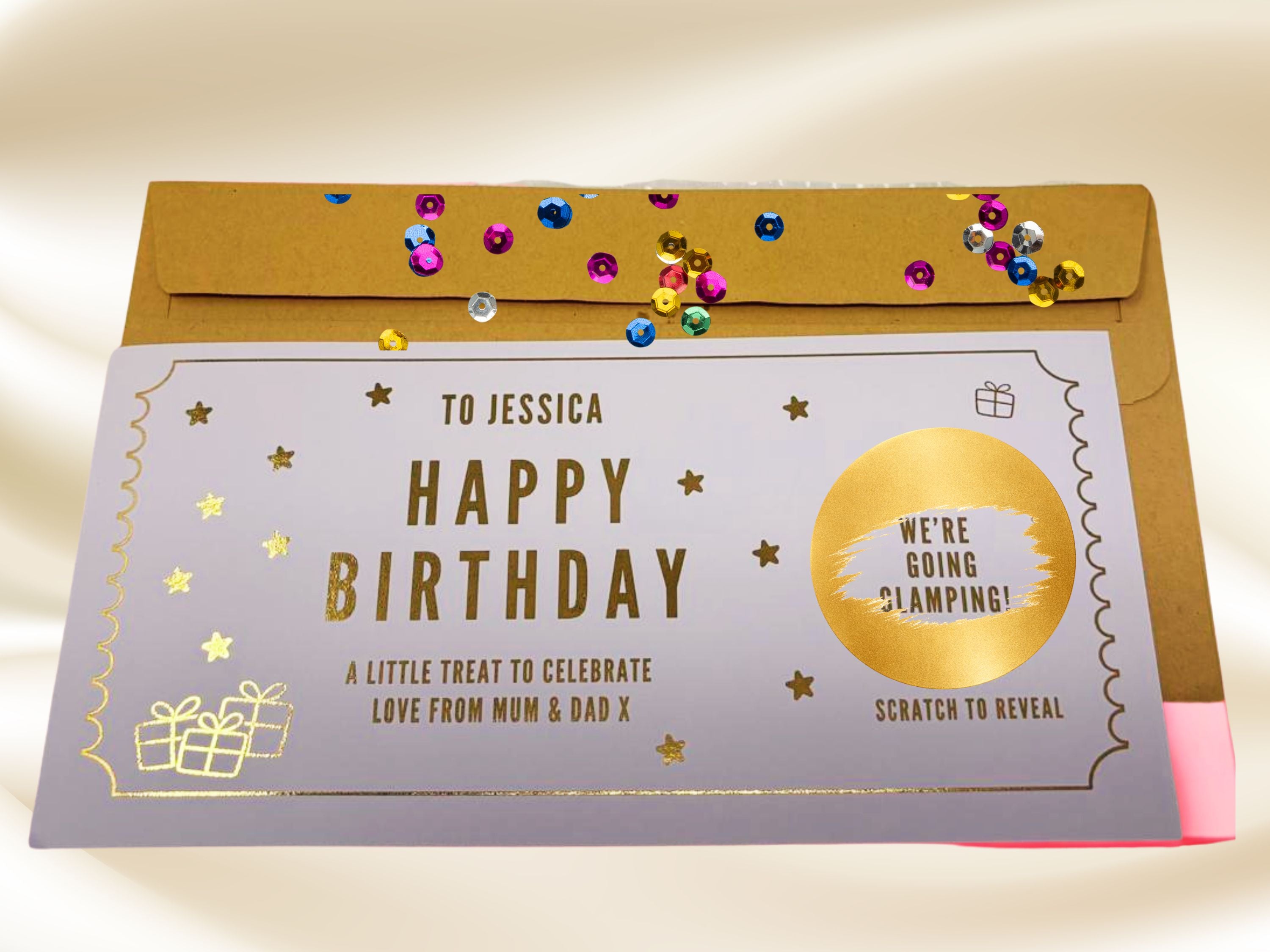 Golden Birthday Scratch Card Voucher, Personalised Surprise Gift Ticket