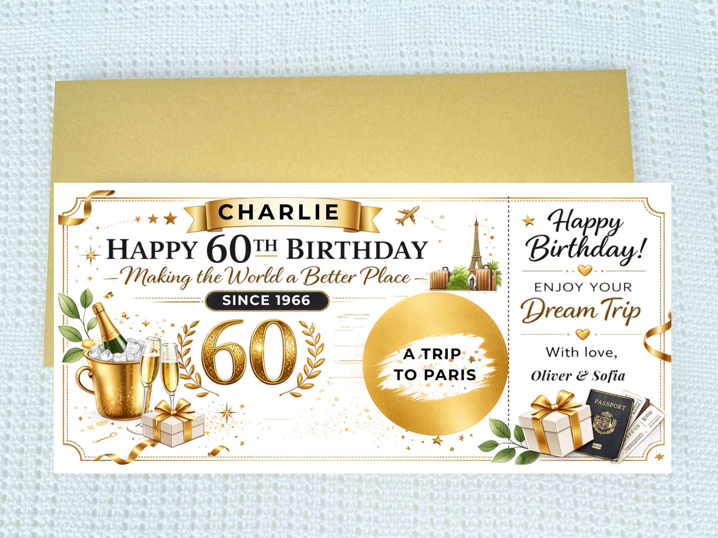 60th Birthday Paris Trip Gift Voucher Card, Luxury Printed Travel Surprise, Paris Vacation Reveal Gift, 60th Birthday Keepsake