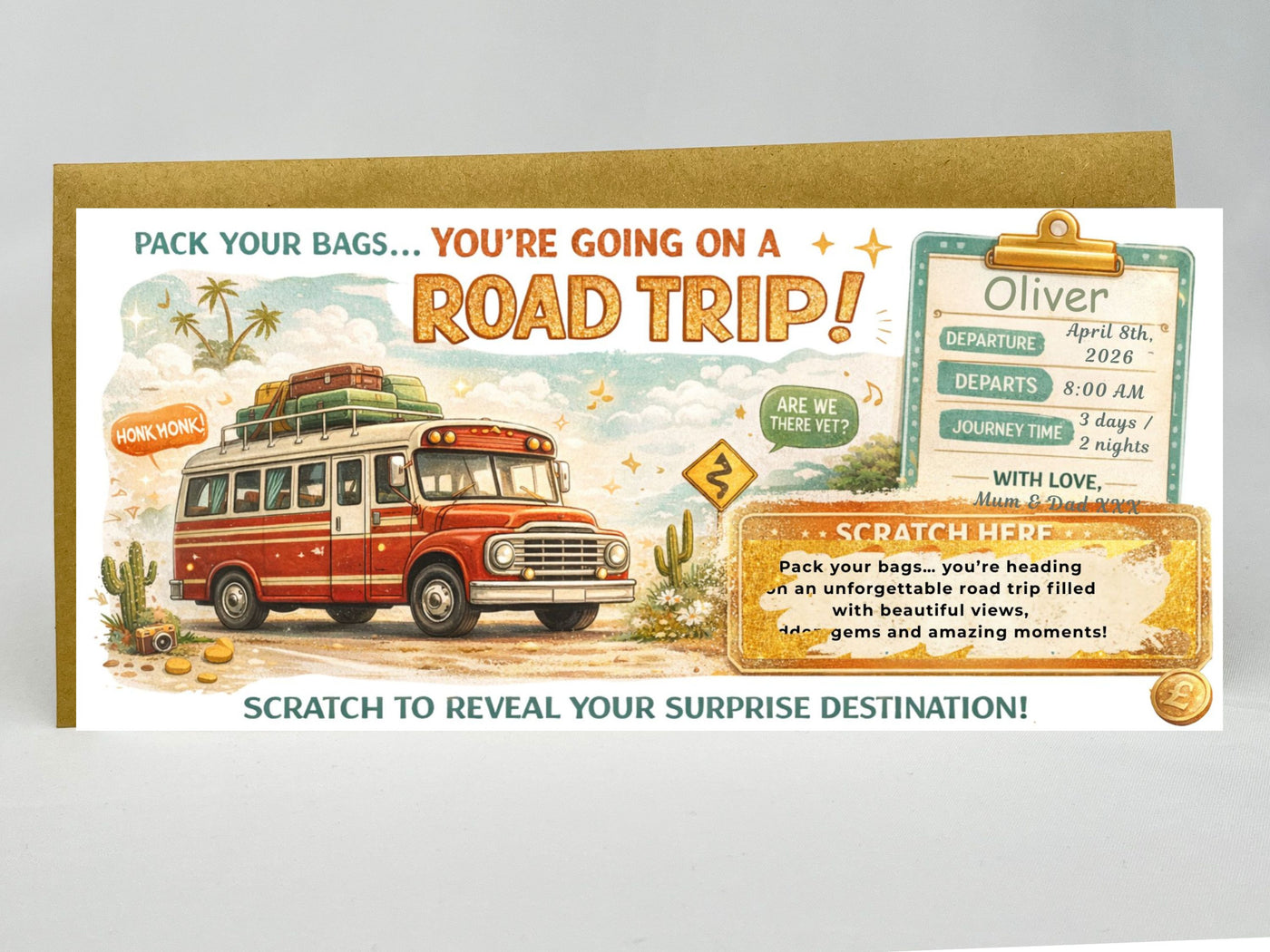 Personalised Road Trip Scratch Card, Surprise Travel Gift Voucher, Custom Holiday Reveal Ticket, Printed Scratch Off Card UK