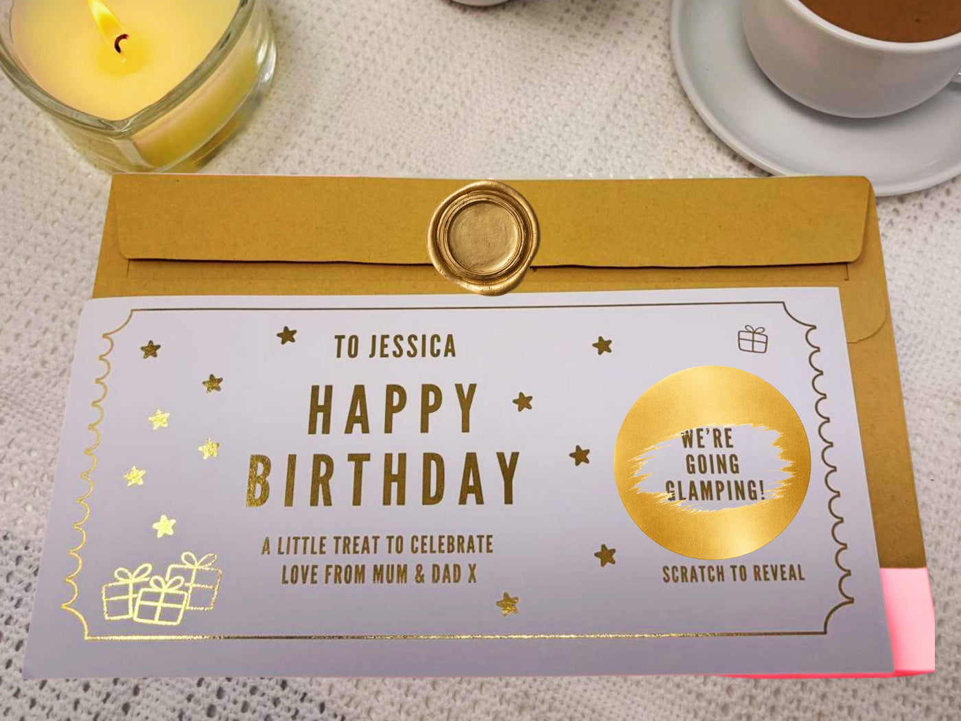 Golden Birthday Scratch Card Voucher, Personalised Surprise Gift Ticket
