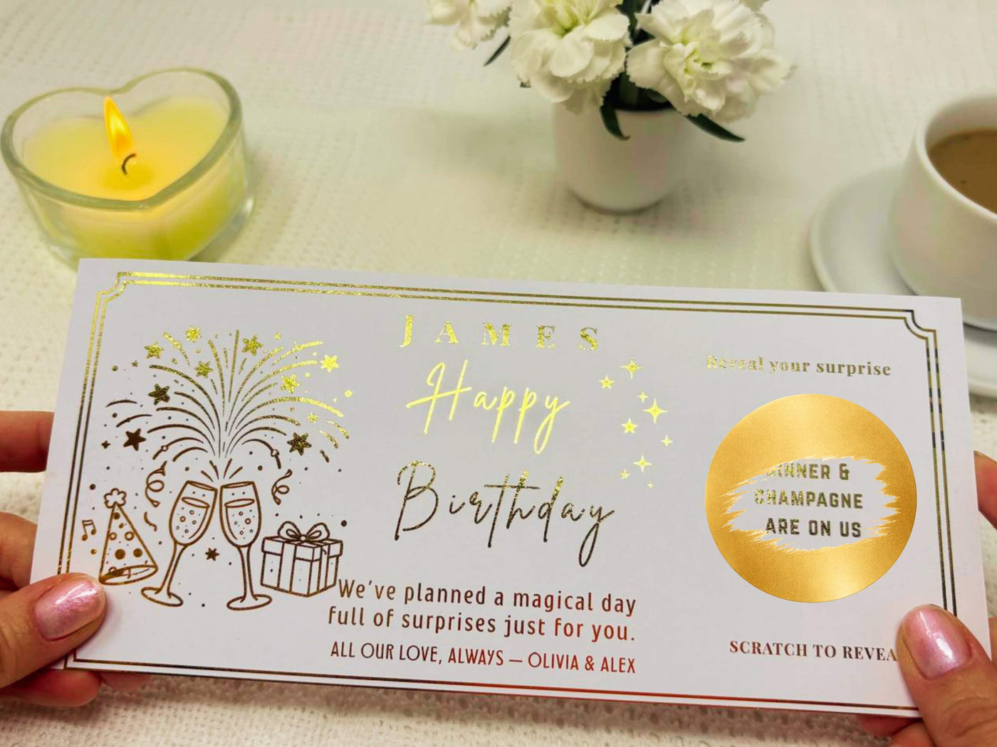 Birthday Scratch Off Card with Champagne, Personalised Surprise Voucher Gift