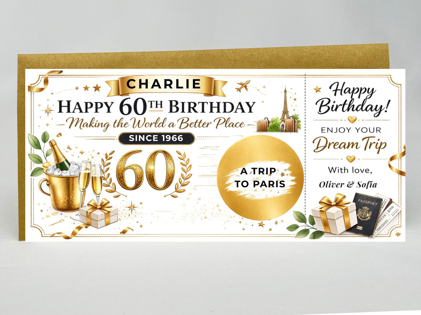 60th Birthday Paris Trip Gift Voucher Card, Luxury Printed Travel Surprise, Paris Vacation Reveal Gift, 60th Birthday Keepsake