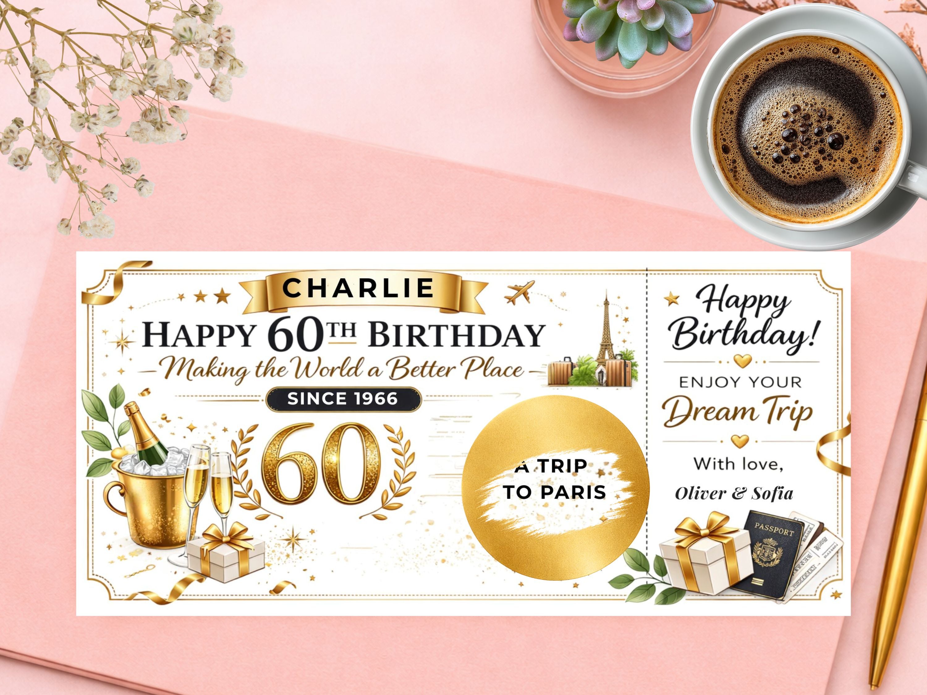 60th Birthday Paris Trip Gift Voucher Card, Luxury Printed Travel Surprise, Paris Vacation Reveal Gift, 60th Birthday Keepsake