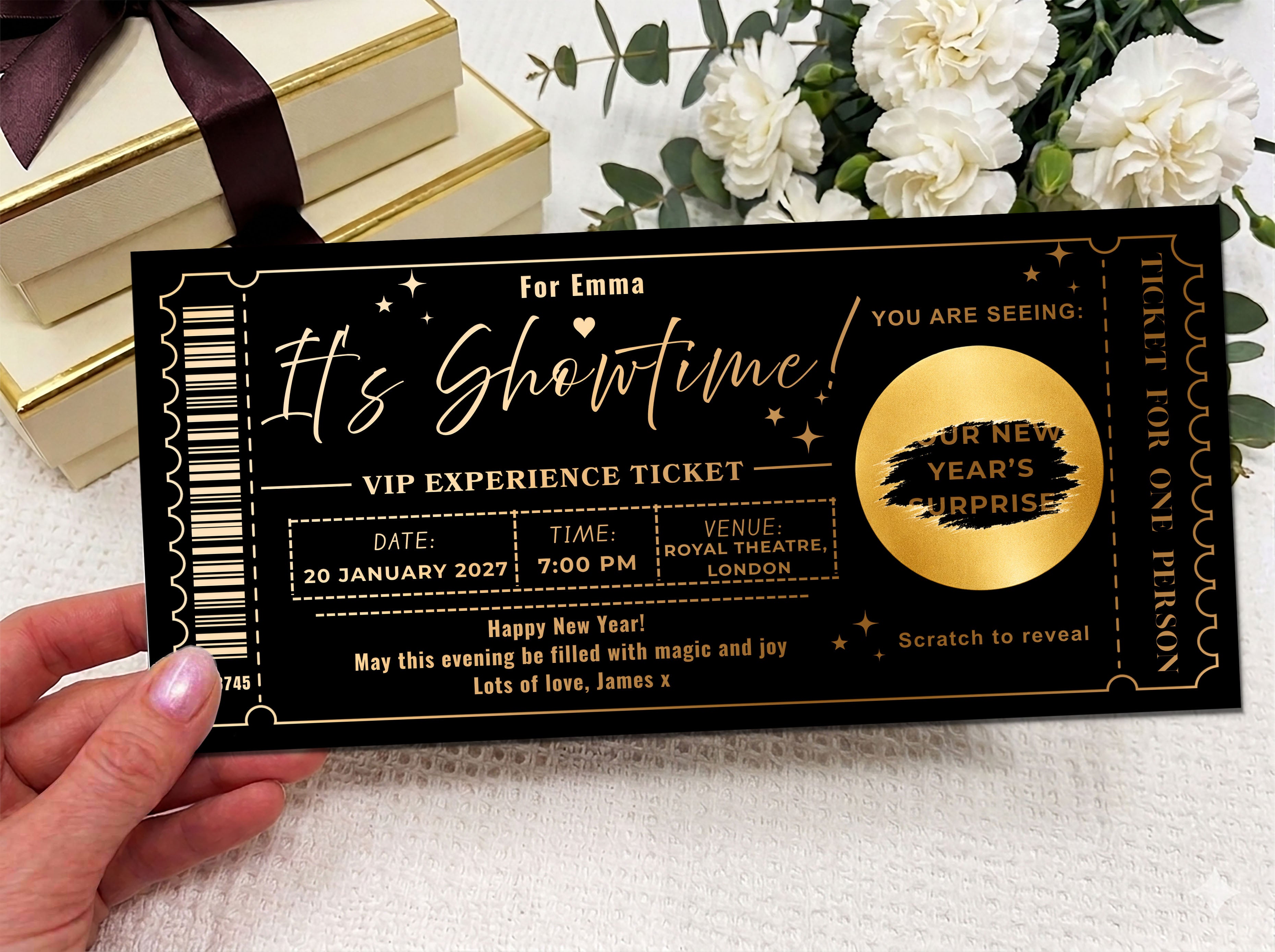 Personalised "It's Showtime" VIP Experience Ticket - Luxury Gold Scratch Reveal Event Voucher with Kraft Envelope