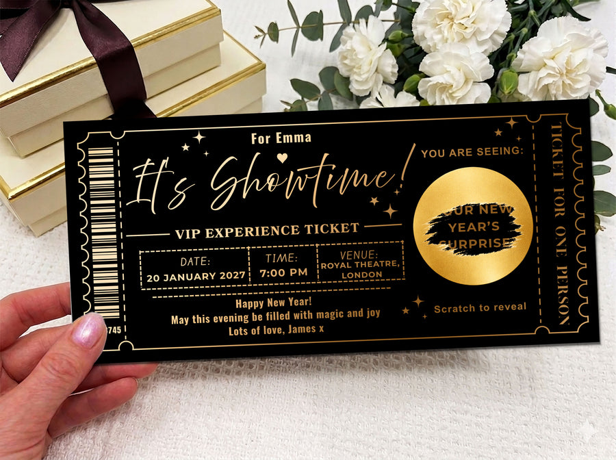 Personalised "It's Showtime" VIP Experience Ticket - Luxury Gold Scratch Reveal Event Voucher with Kraft Envelope