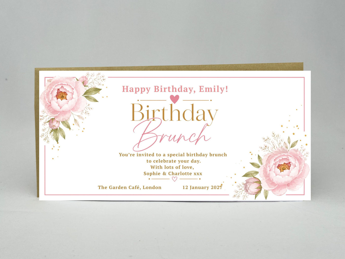Personalised Birthday Brunch Card – Elegant Blush Pink Peony Floral Invitation
