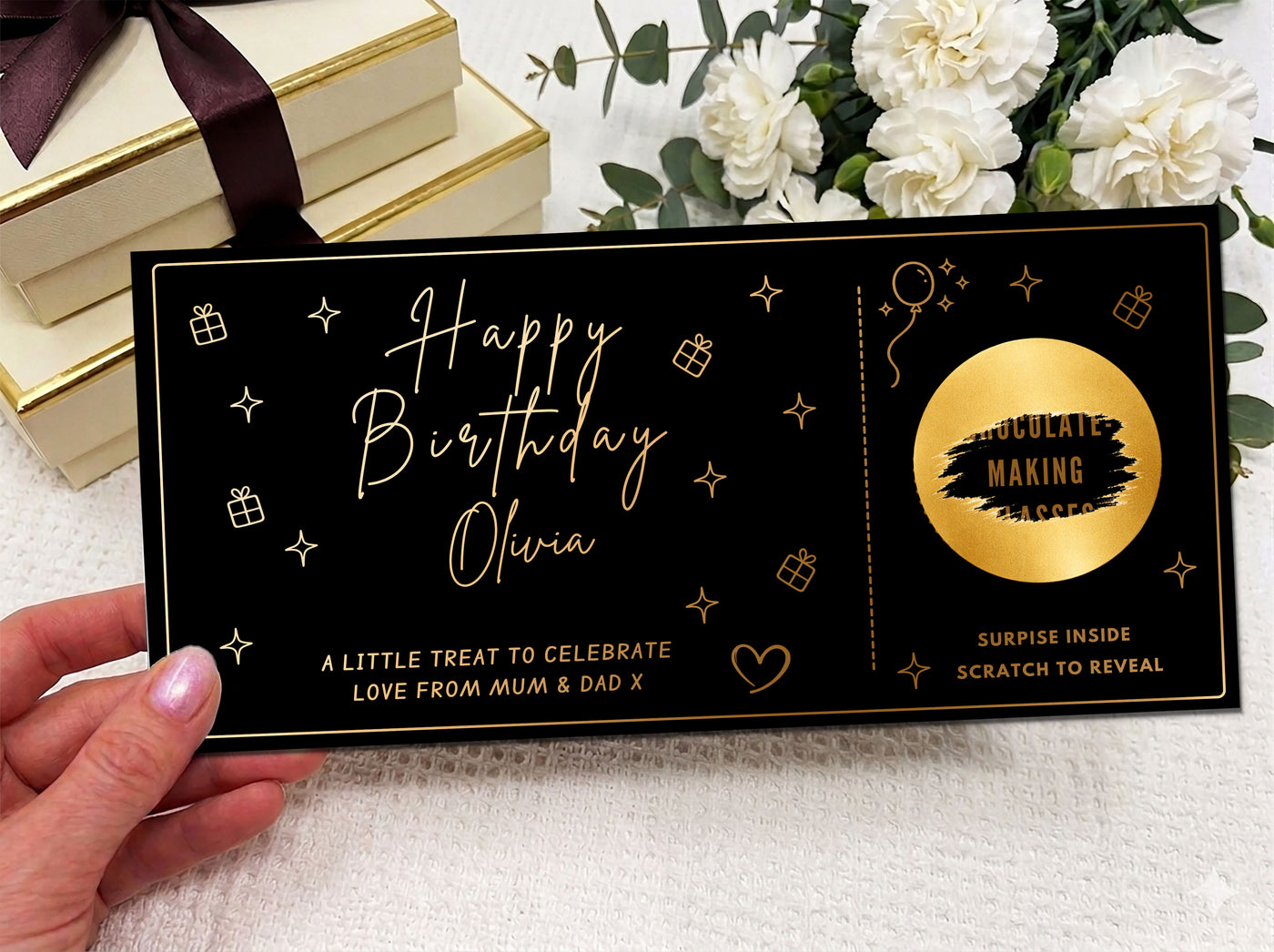 Personalised Birthday Gift Scratch Card - Gold Icons Surprise Reveal Ticket for Any Experience